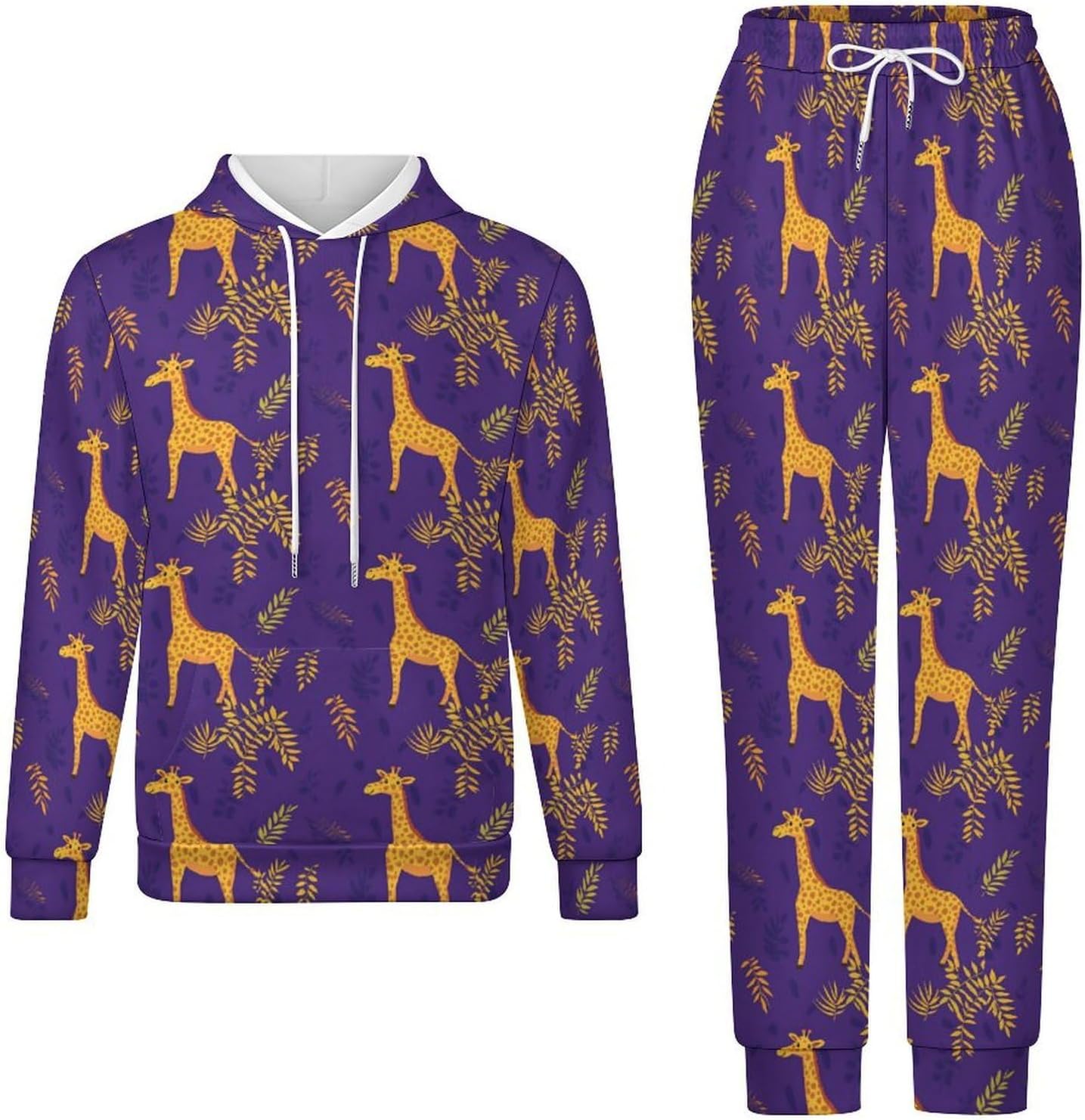 Cute Giraffe Tropical Leaves Men's Hooded Set Casual 2 Pieces Suits Pullover Tracksuit Hoodies And Sweatpants