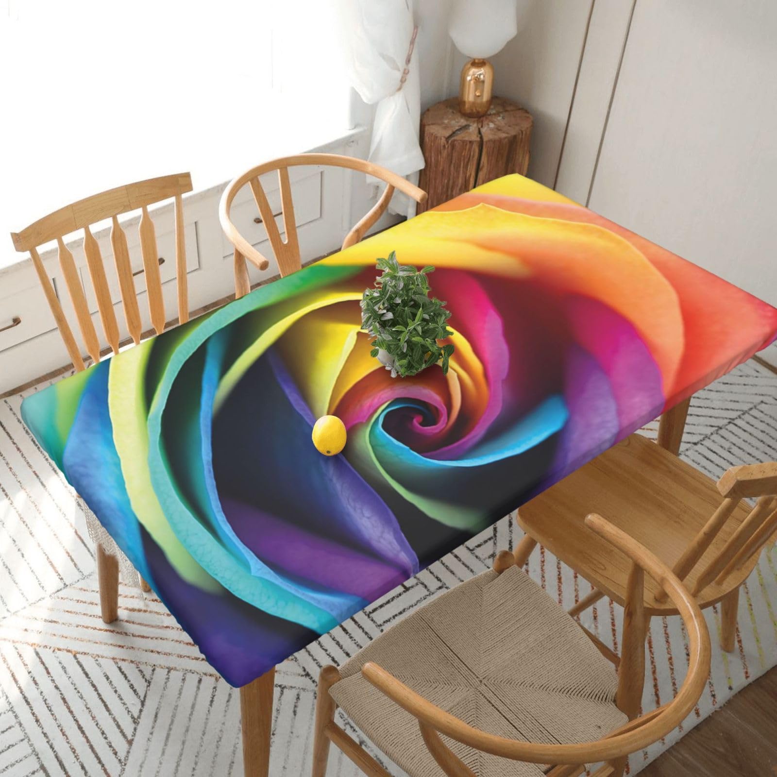 BNVSADC Rainbow Rose Flower Printed 5FT Tablecloth Polyester Kitchen Water Resistant Table Cloth Dining Table Decoration Table Covers, 152x76 CM