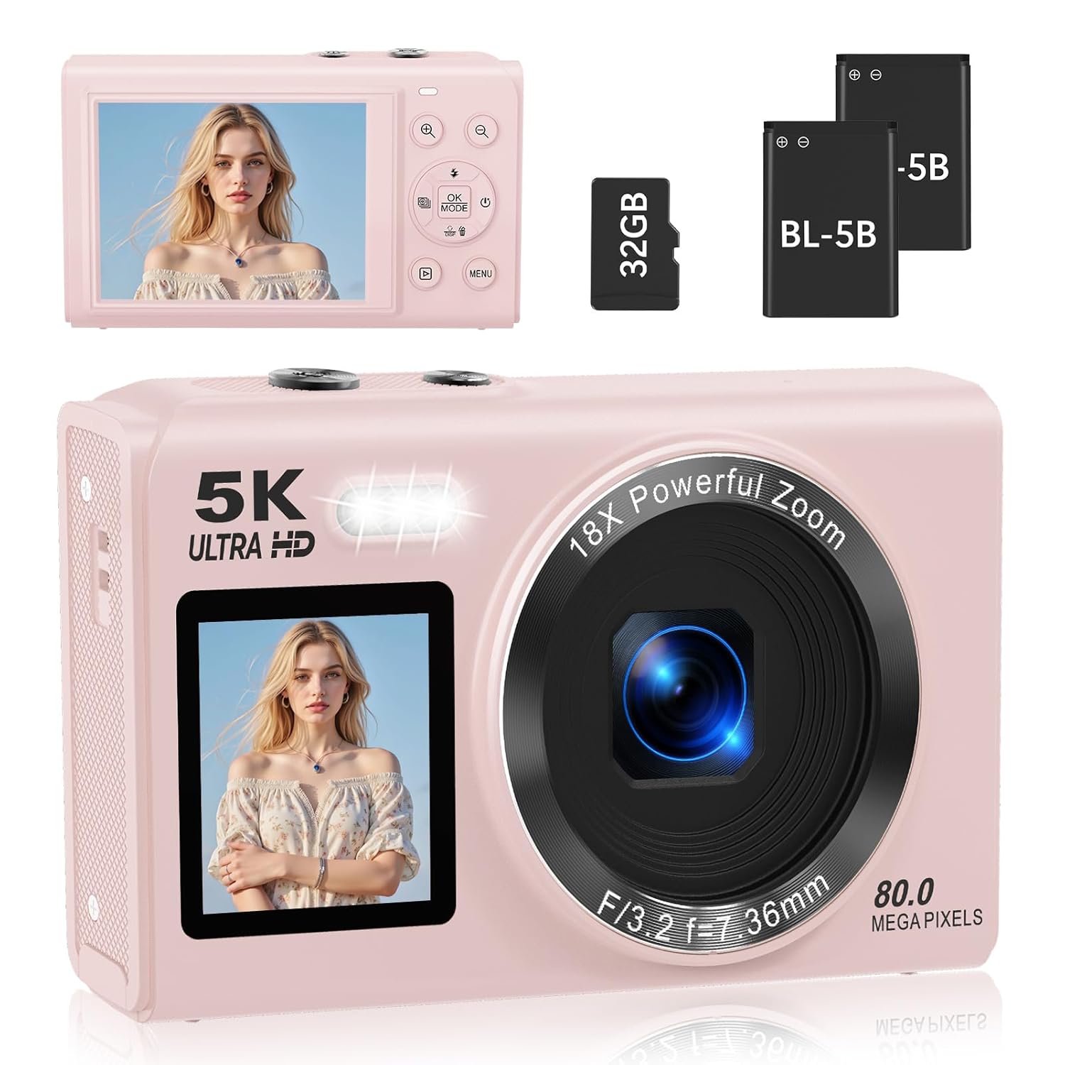 Dual Screen 5K Digital Camera for Vlogging with Fill Light – 80MP, 16X Zoom, WiFi, YouTube/Blogging, Includes 32GB Card & 2 Batteries (X9-Black)