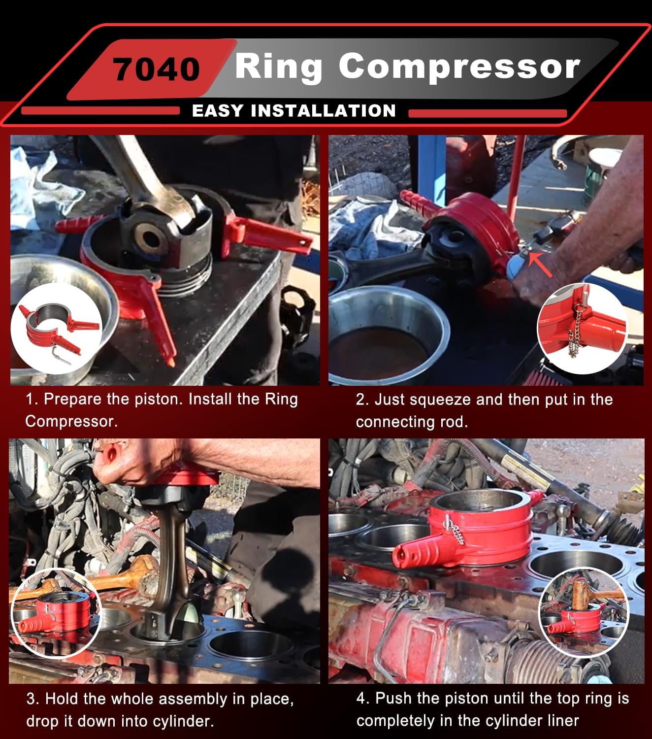 7040 Piston Ring Compressor Tool, Piston Ring Compressor Adapter & Anti-Polishing Ring Kit For Cummins ISX QSX 15, Caterpillar 3400, 3406, 3408, C15, 5.4" bore Replace# PT-7040 5299339 5394454