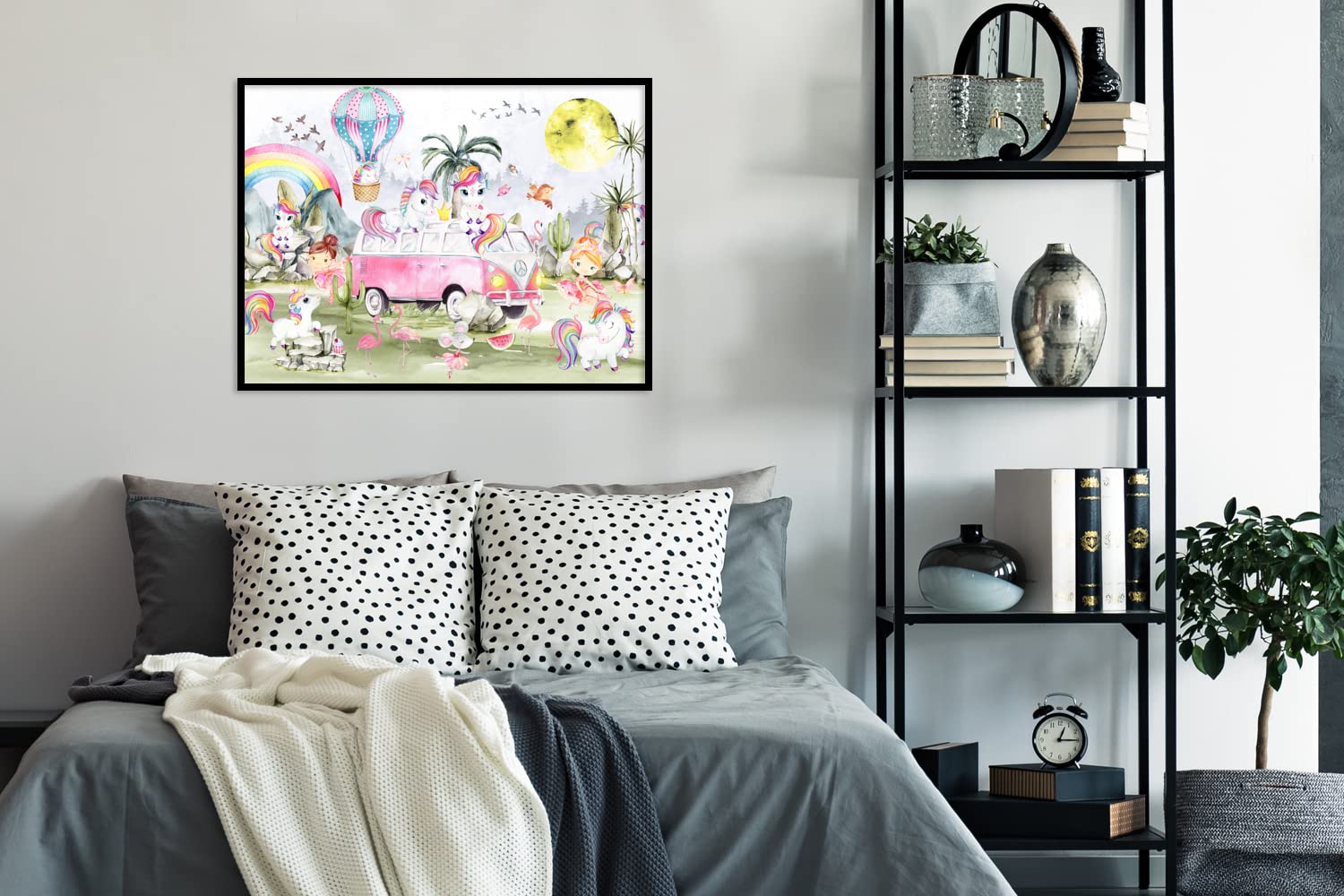 Poster Bilder Wanddeko Deko Wohnzimmer 80x60 cm Einhorn - Regenbogen - Kinder - Mädchen - Auto
