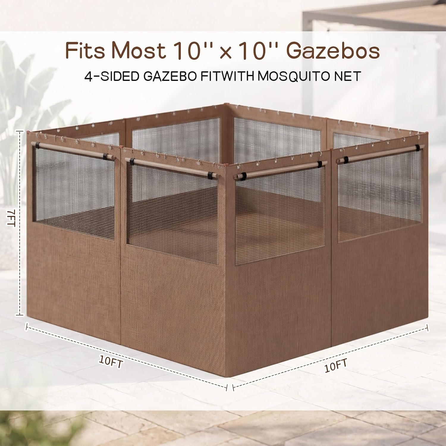 Batiyeer Gazebo Privacy Curtains 10' x 10' Outdoor Gazebo Curtains Waterproof with Mosquito Net Windows, Replacement 4-Panels Side Wall with Zippers for Patio Garden and Backyard, Brown(Curtain Only)