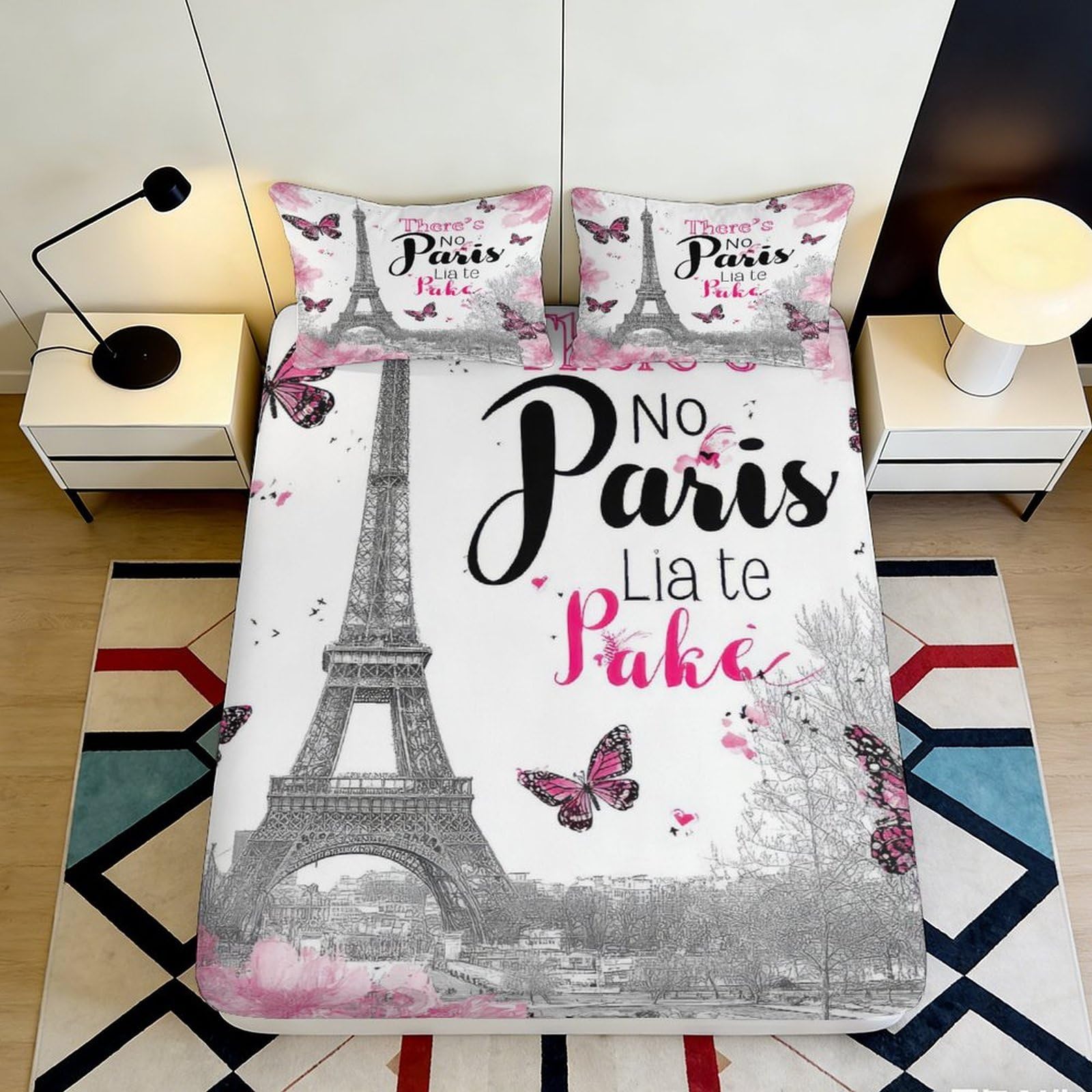 3D Printed Eiffel Tower Butterfly Fitted Sheet Microfiber Deep Pocket Bedroom Bedding Paris Mattress Fitted Cover Elastic Hem Washable for All Ages Home 90x200x25cm