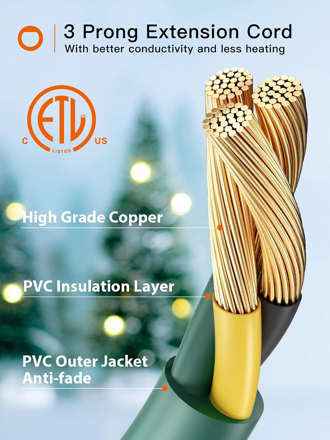 Outdoor Extension Cord 1 to 3 Splitter with Multi Outlets Max 15FT End to Plug(27 FT Total) 3 Prong 16AWG Heavy Duty 3 Outlets Weatherproof Power Cord for Indoor Halloween Christmas ETL Listed