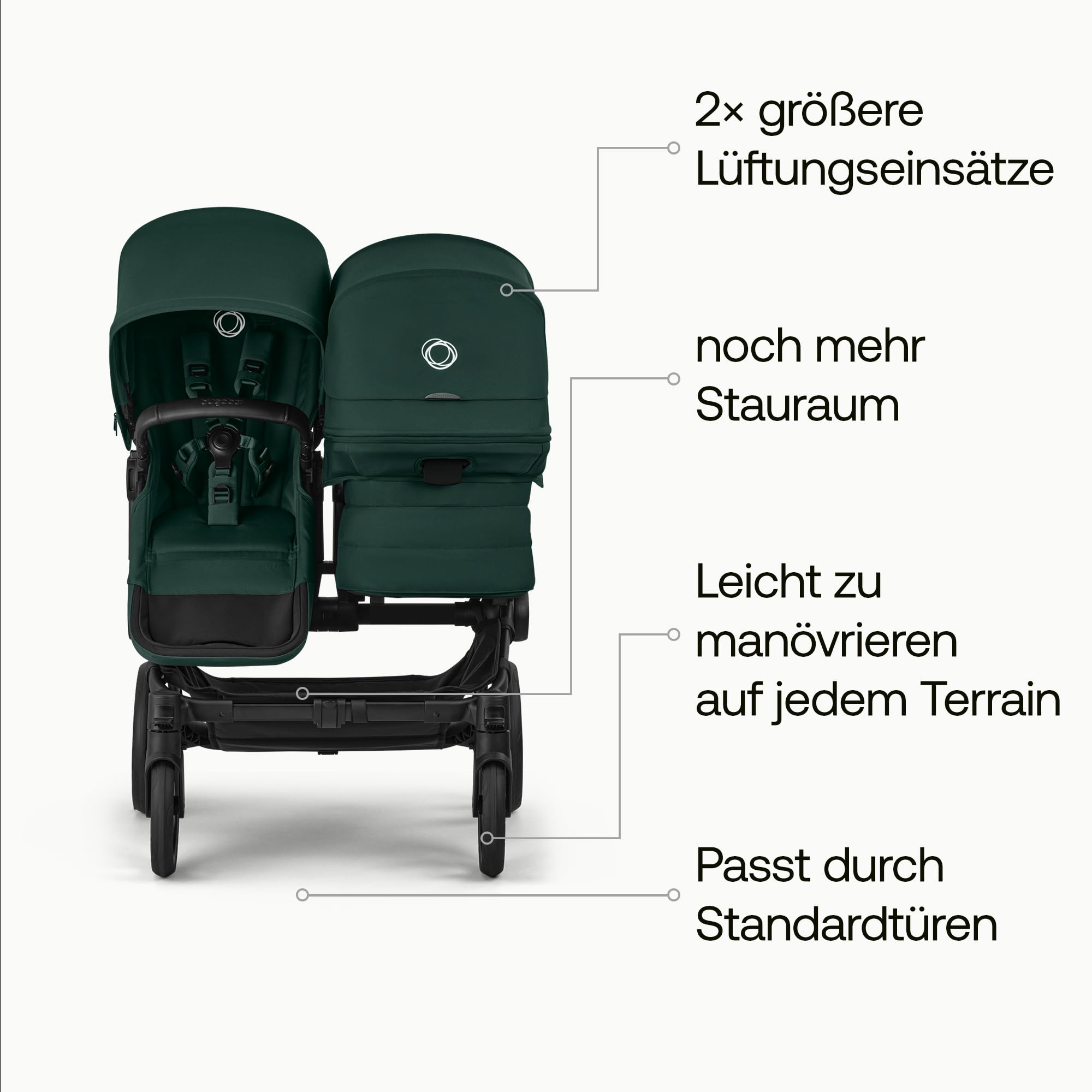 Bugaboo Donkey 6 Double Erweiterungsset, Doppelkinderwagen mit wendbarem Sitz, Fern Green