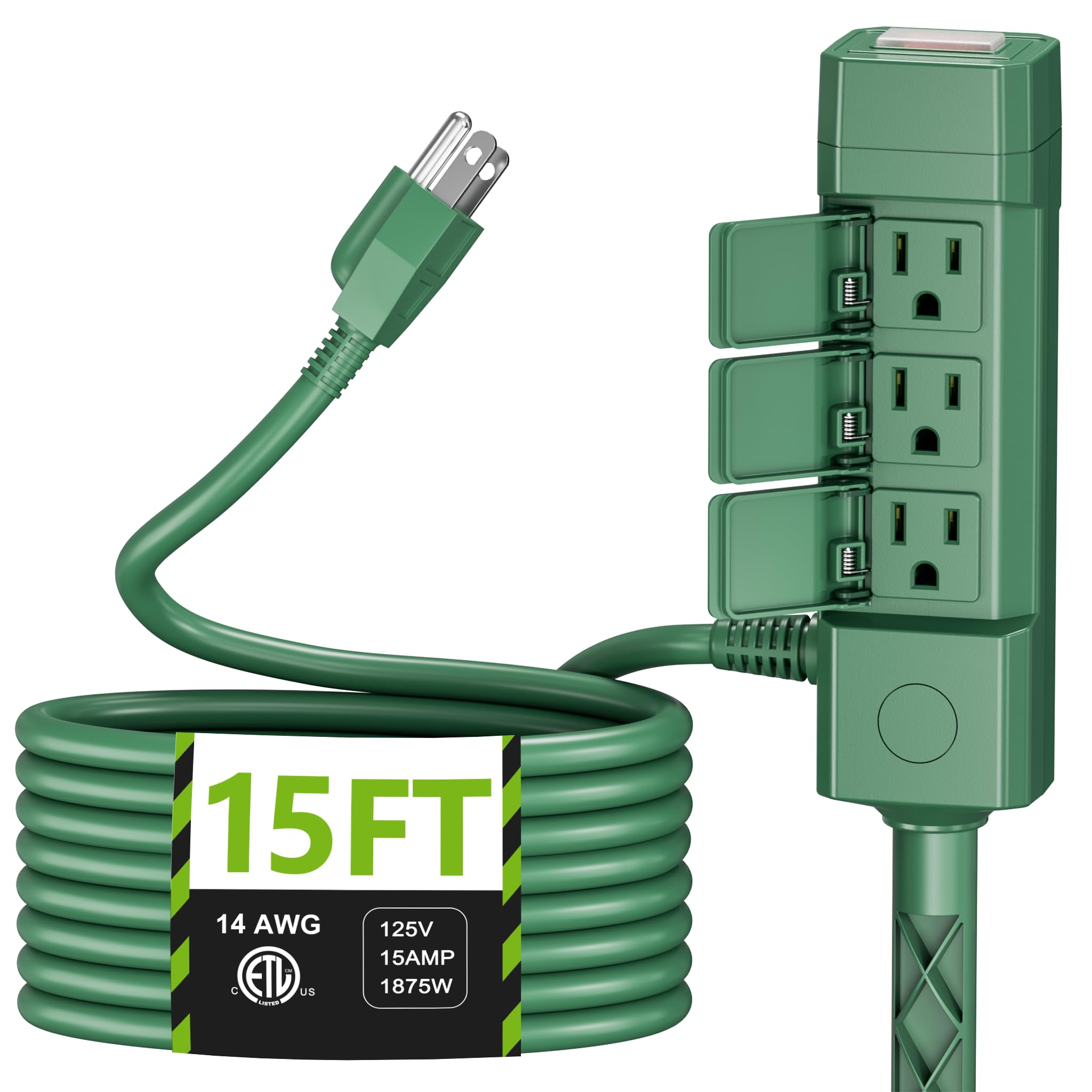 BN-LINK 15ft Outdoor Extension Cord Waterproof with Power Stake, 6-Outlet Power Strip Weatherproof, 14/3 SJTW Heavy Duty Power Cord for Outdoor String