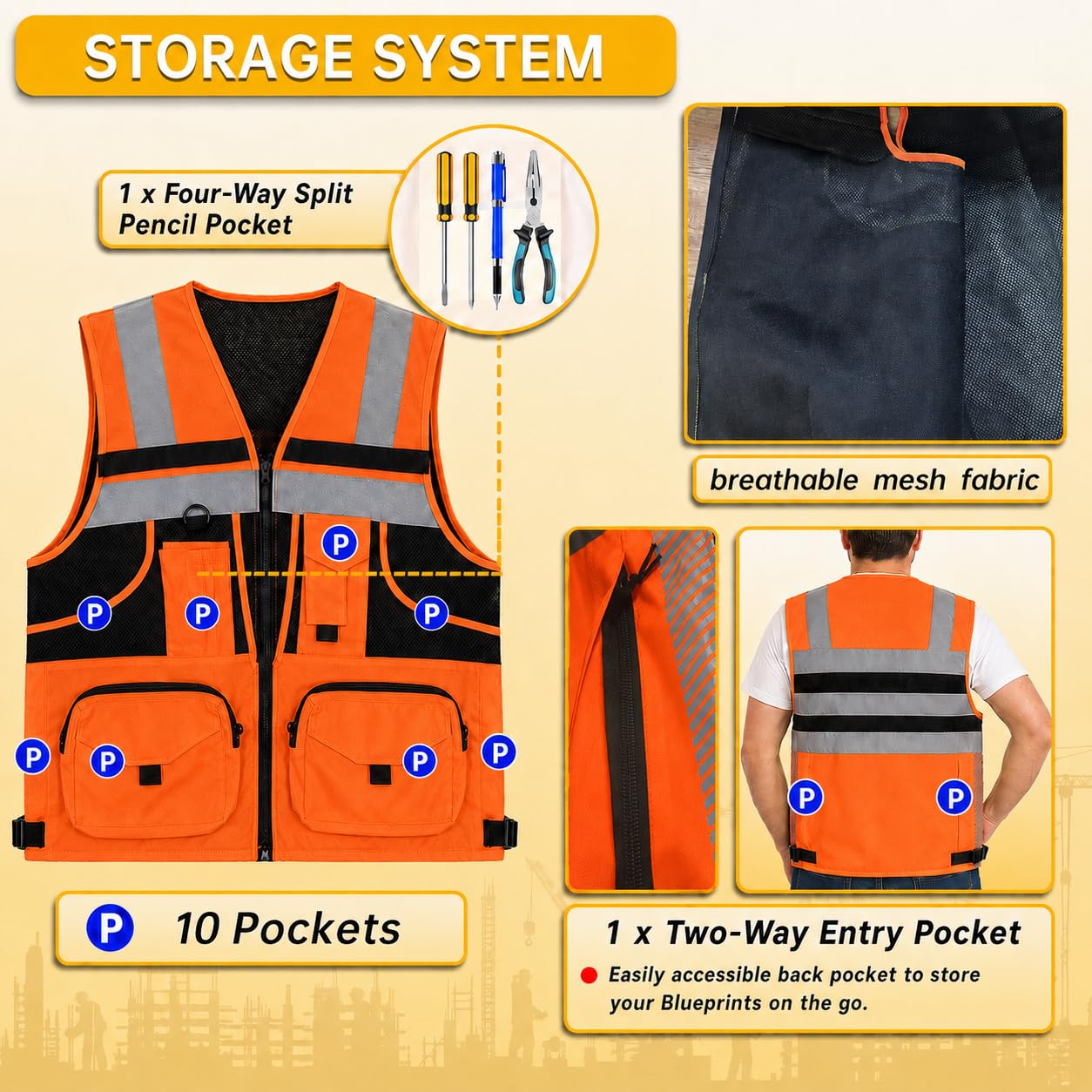 Chaleco de seguridad reflectante de 3M Hi-vis amarillo con 10 bolsillos para hombre y mujer.