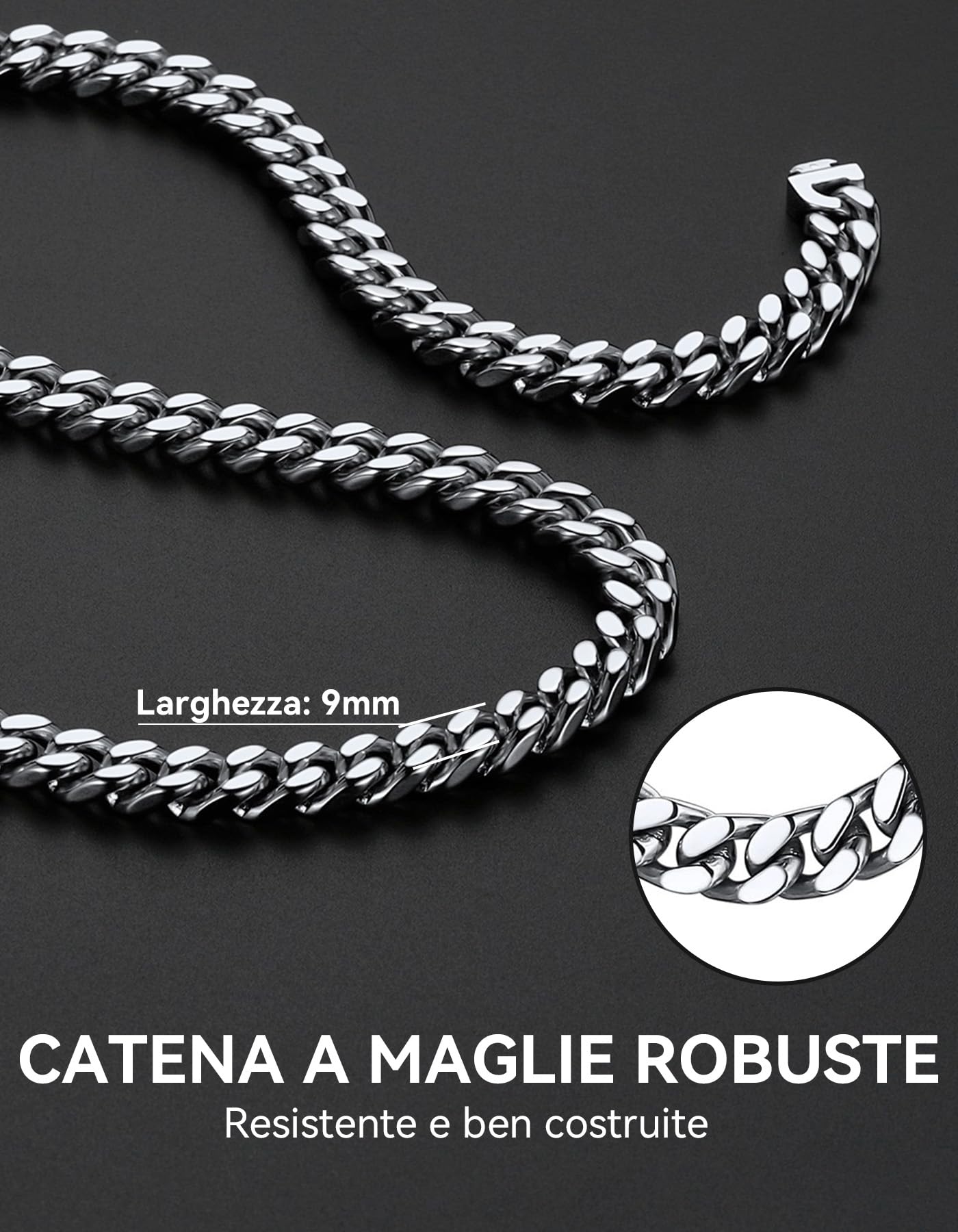 ChainsHouse Collana Uomo Acciaio a Catena Cubana Spessa Robusta, Larghezza 5/7/9/12 MM Lunghezza 46-76 CM, Placcato Oro/Nero/Argento Catenina Stile Hiphop Punk per Uomo Donna