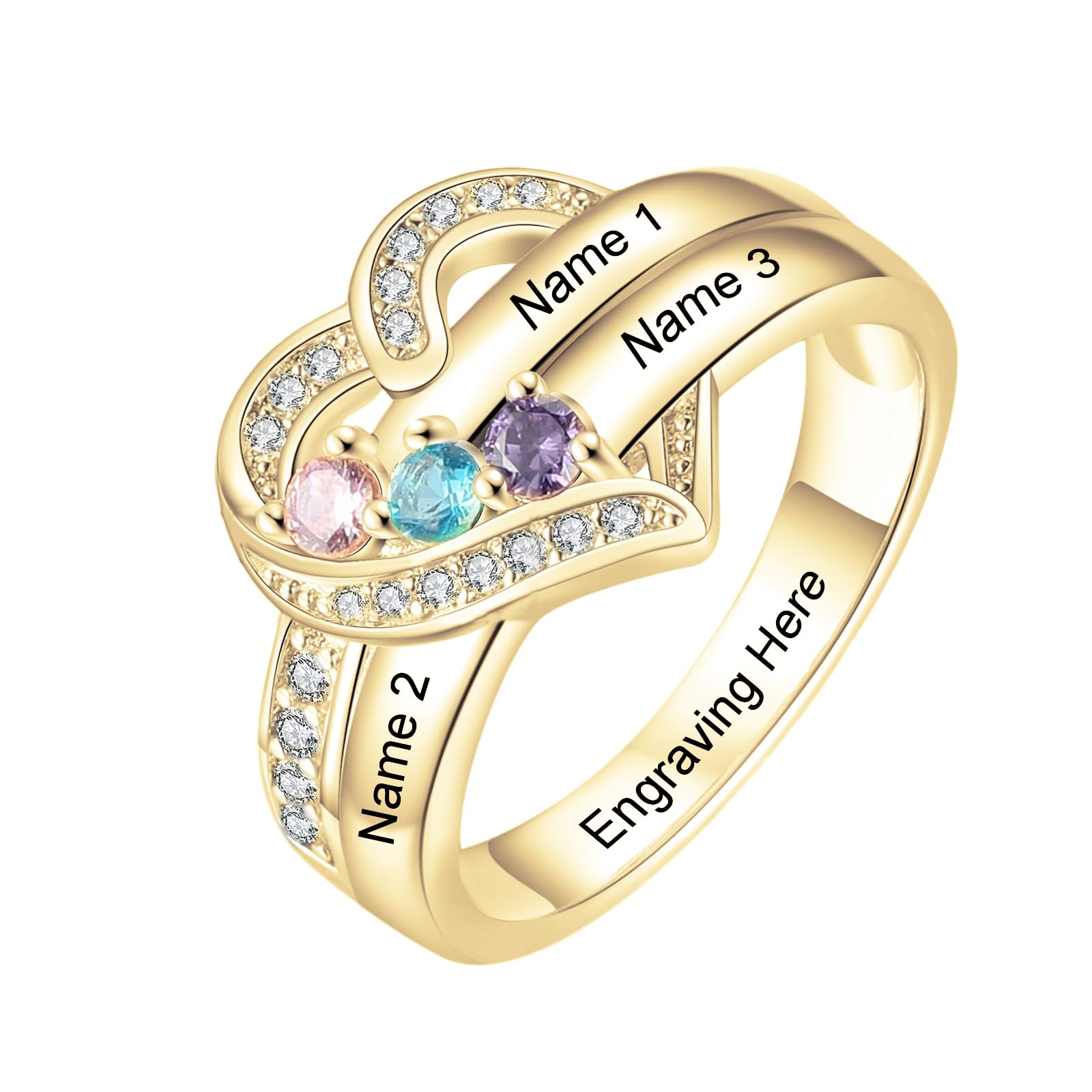 SOULMEET 1–8 Herz-Geburtsstein-Goldringe für Mutter mit gravierten Familiennamen, individuelles Geschenk für Oma, Mutter, Tochter, Ehefrau