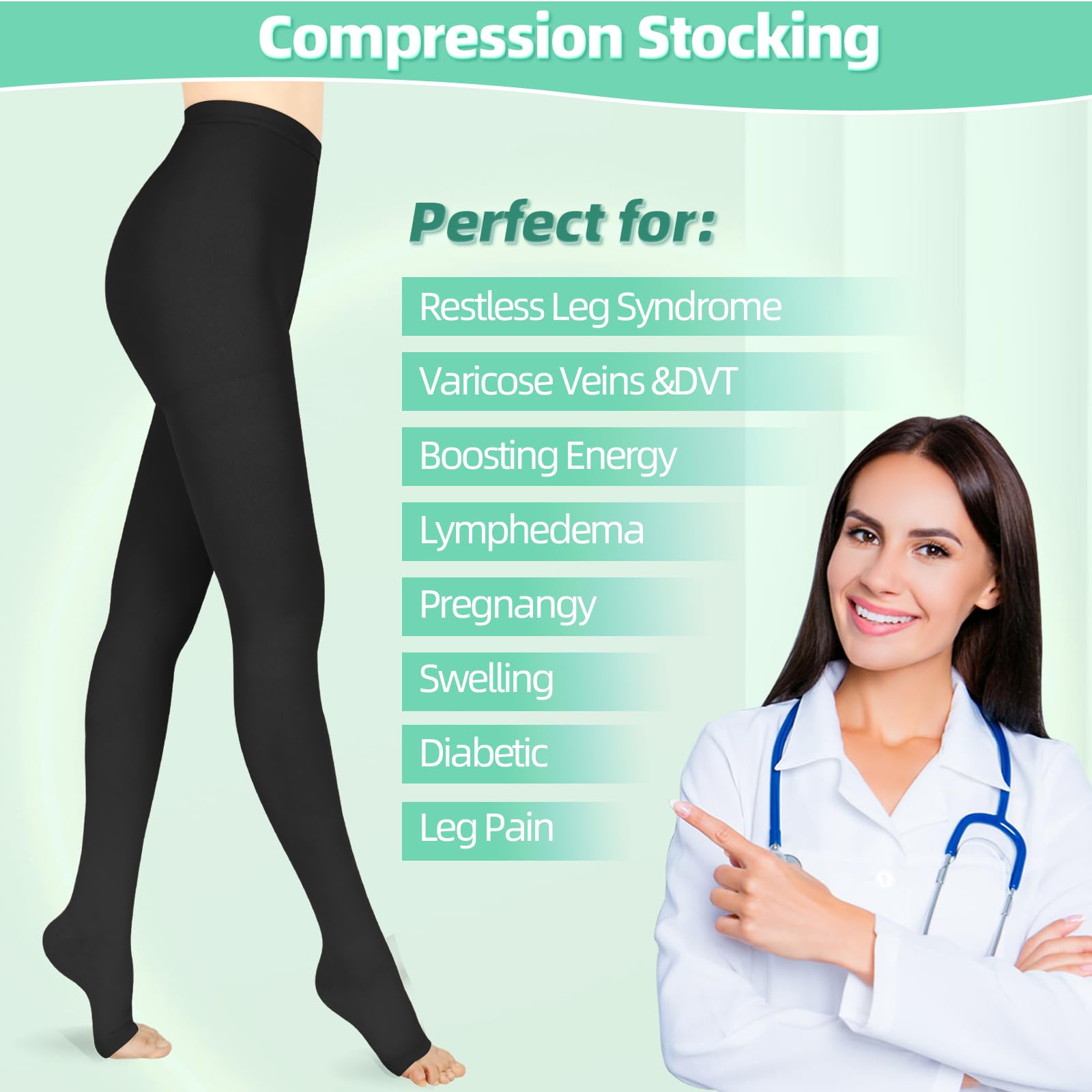 Collants de compression 20-30 mmHg, bout ouvert, bas médicaux haute compression pour œdèmes, varices, athlètes