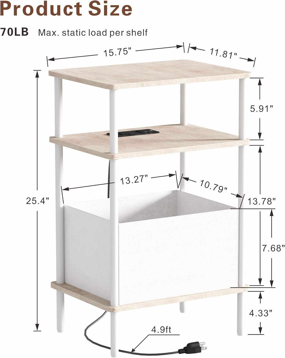 Small Side Table with Charging Station, Set of 2 End Table for Small Spaces, Slim Nightstand with Outlet,Sofa Beside Table, 3-Tier Storage Shelf,Living Room, Bed Room, Natrual Oak