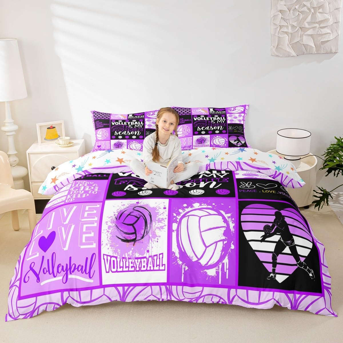 Kids Volleyball Duvet Cover Set Full Size Balls Sports Bedding Set 3pcs for Girls Teens Boys Bedroom Decor Fashion Geometric Patchwork Plaid Comforter Cover Purple Black Quilt Cover,2 Pillowcases