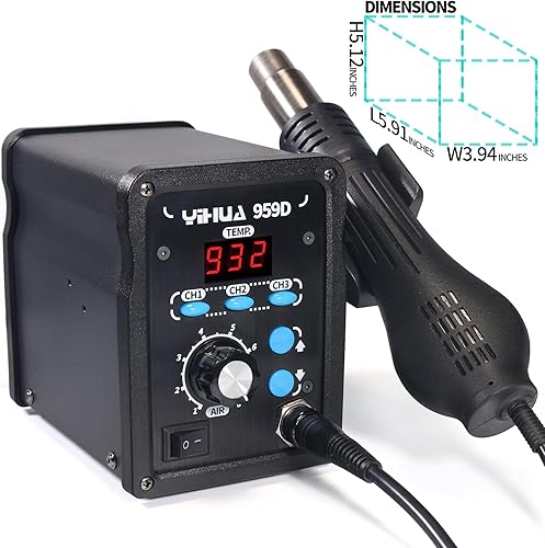 Vista 7 de YIHUA 959D-Estación Digital de Retrabajo de Aire Caliente, Alta Potencia con 3 Memorias, Eficiencia de Flujo de Aire, Pantalla °F/°C, Temperatura