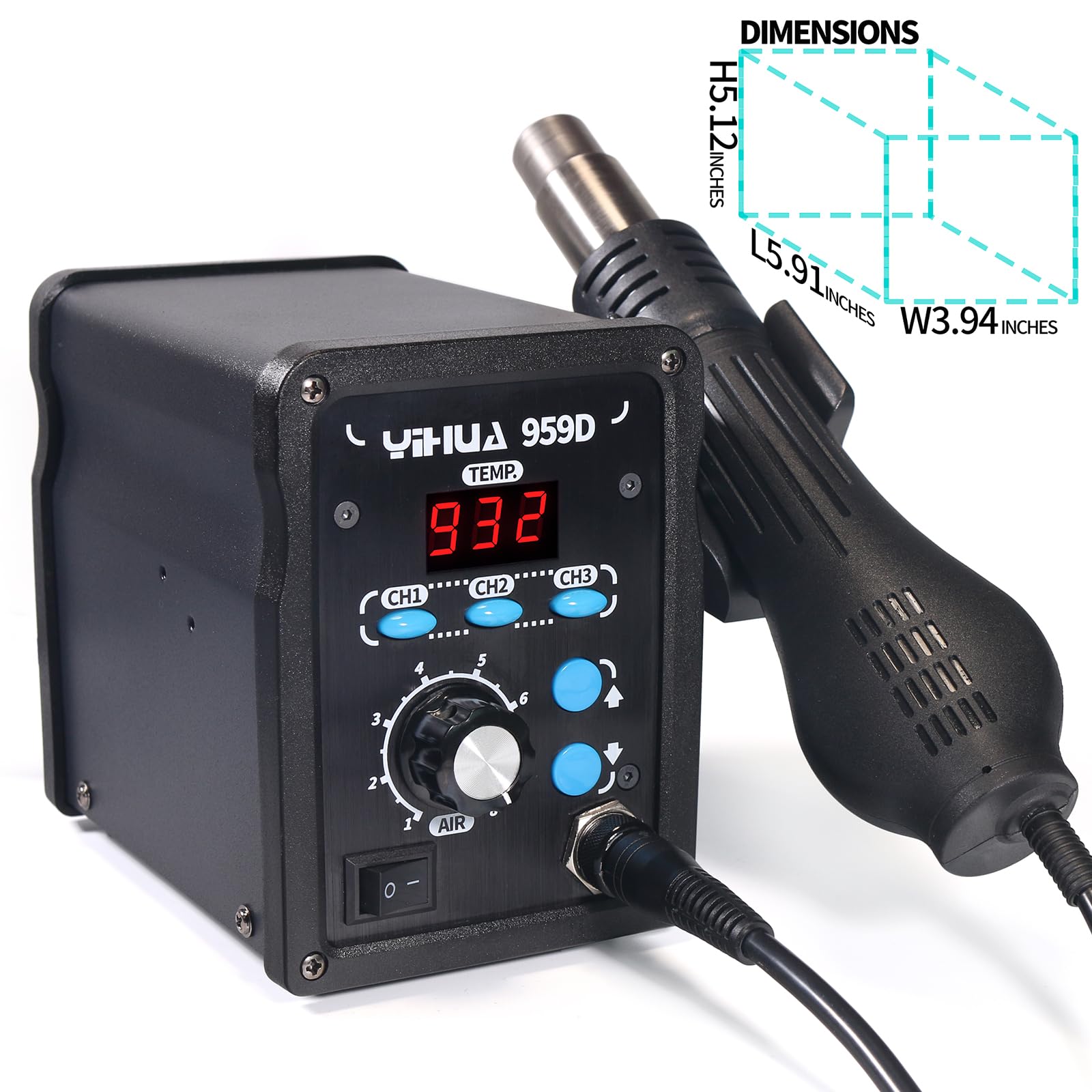 YIHUA 959D-Digital Hot Air Rework Station High Power with 3 Memories Airflow Efficiency F C Display Accurate Temp — view 7