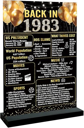 Trgowaul Decoraciones de aniversario de 40 cumpleaños para hombres y mujeres, póster de cumpleaños negro dorado en 1983, letrero de mesa acrílico