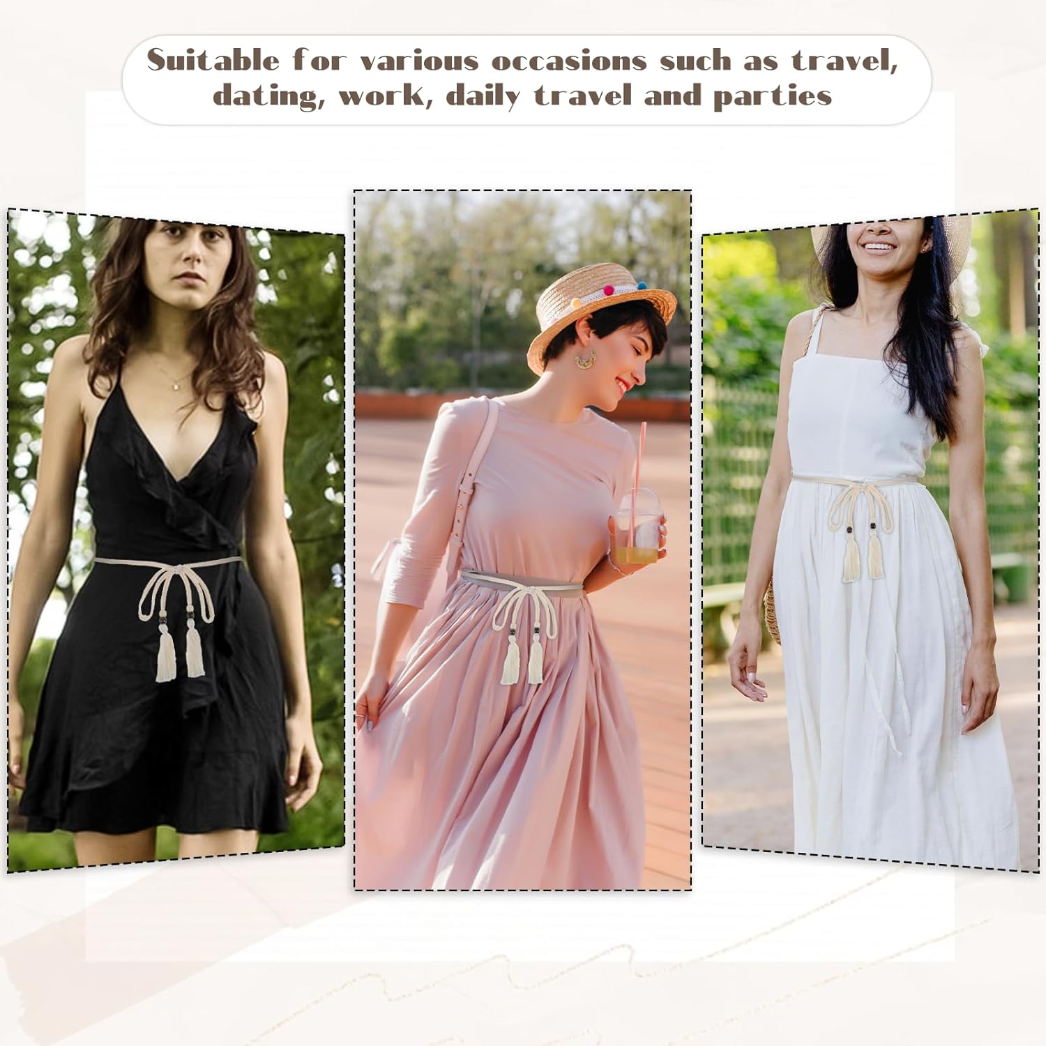 Women's Braided Knotted Waist Belt, Skinny Boho Chain Fringe Tie Belt with Wooden Beads Decorative Beaded Belts Waistband for Women Dresses, Skirts, Tunics Boho Outfits (White) - Image 5