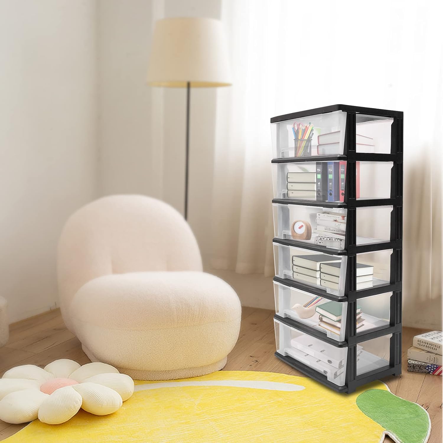 6-Tier Rolling Storage Cart with Clear Drawers - 50x33x109cm Space-Saving Organizer for Office, Dorm & Home (White)