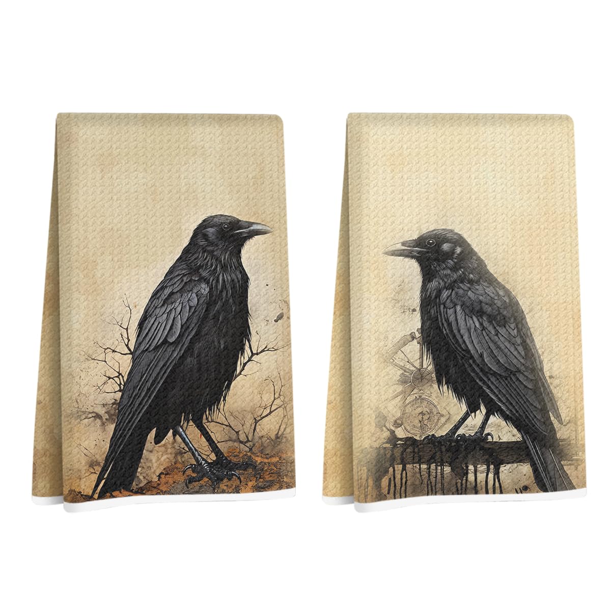2Pcs Vintage Raven Kitchen Towels 24x14 Inch Crow Gifts Reusable Dish Towel