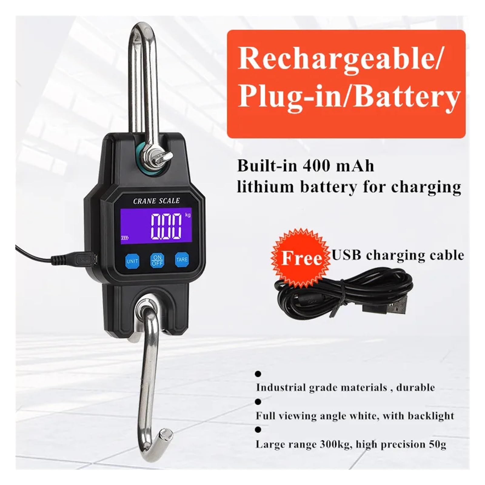 Bilancia sospesa Bluetooth 300 kg/50 g digitale ricaricabile gancio sospeso acciaio inossidabile