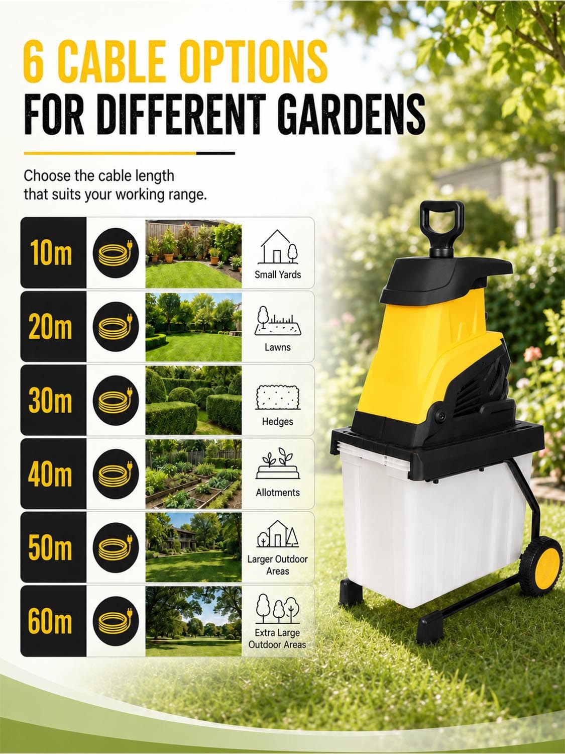 Biotrituradora Eléctrica para Ramas y Residuos del Jardín 30m-PowerCord | Potente motor y cuchillas reversibles transforman las ramas en mantillo para compostaje y mantenimiento eficiente del jardín