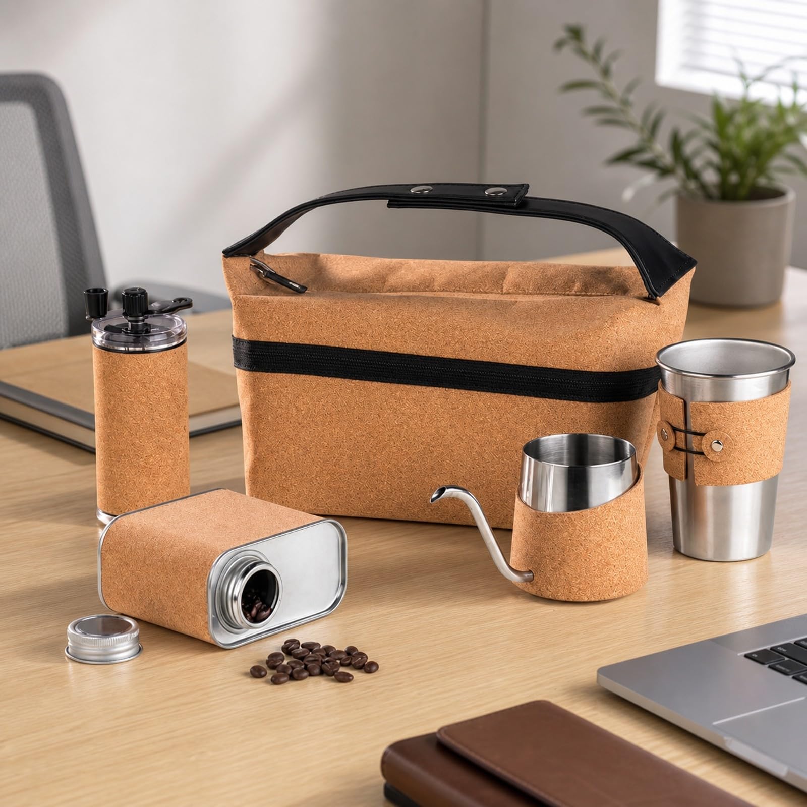 Qianly Kit Café con Bolsa Compacta, Resisn Al térmico, Set Café con Estuche Corcho, para Viajes