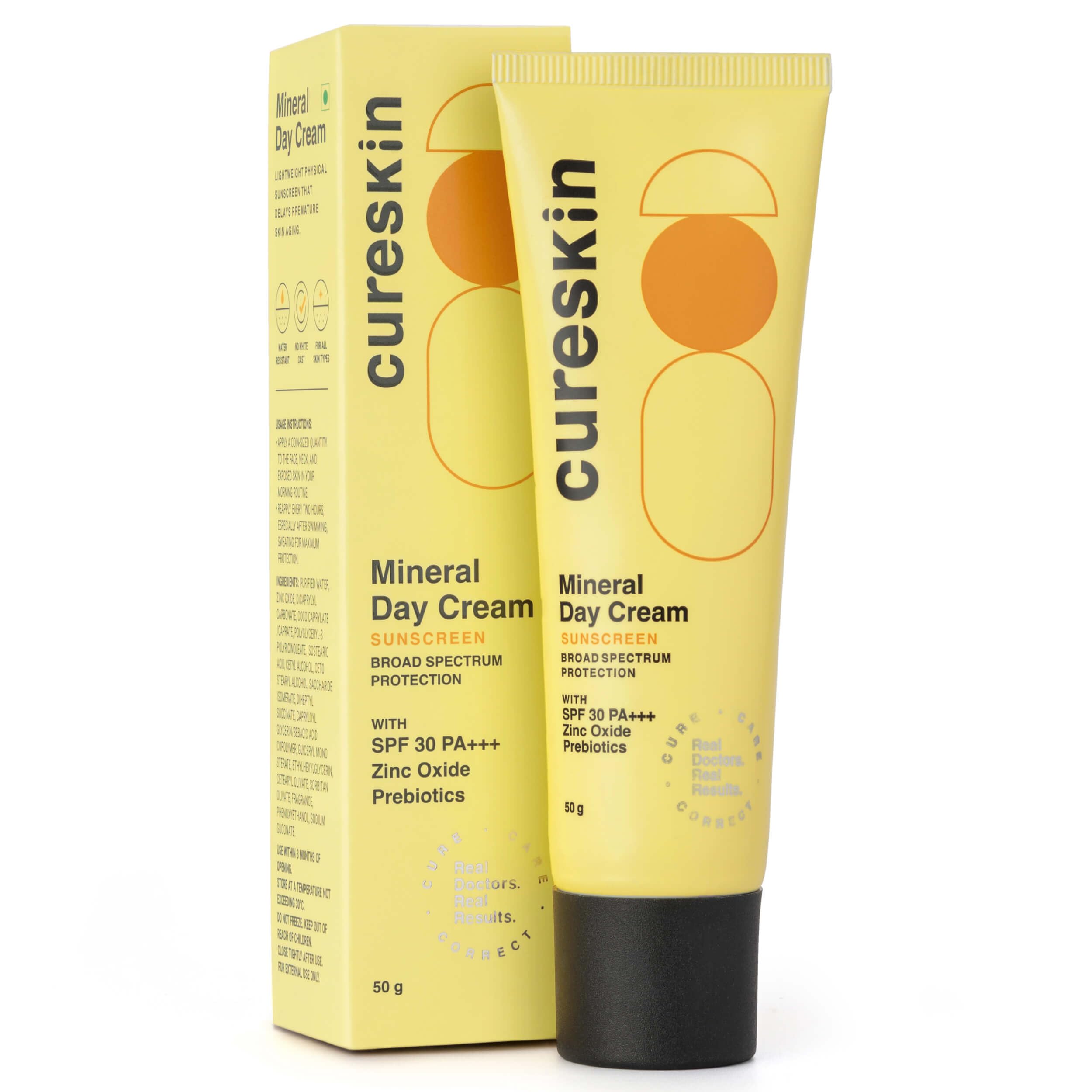 Cureskin Mineral Day Cream Sunscreen Matte Finish SPF 30 PA+++ | Broad Spectrum Sun (UVA, UVB & IR) Protection | Zinc Oxide with Prebiotics, 50 g (Pack of 1)