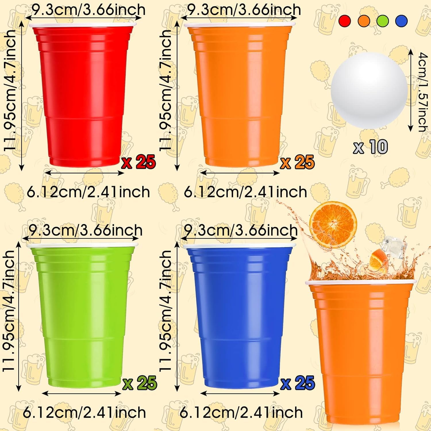 LATERN 100 Pezzi Bicchieri di Plastica Riutilizzabili, 480ml Tazze da Birra-Pong con 25 Coppe Rosse, 25 Coppa Blu, 25 Coppa Verde, 25 Coppa Arancione, 10 Giochi Palline da Ping Pong per Gioco Festa