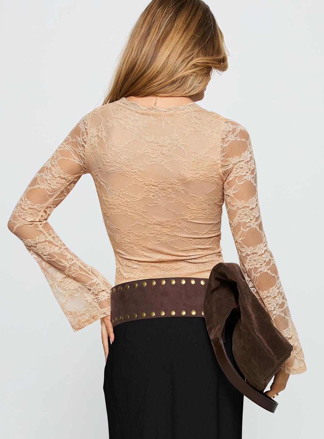 INFITTY Women's Lace Bell Sleeve Crop Tops V-Neck Long Sleeve Shirts Double Lined Slim Fit Blouses Outfits - Image 3