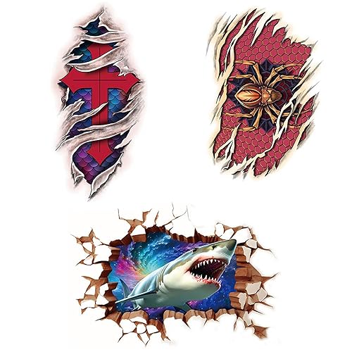 (3 piezas) Tatuaje temporal, Cruz Roja, araña, tatuajes corporales de tiburón 3D, para brazos, espalda, piernas, media manga, impermeable