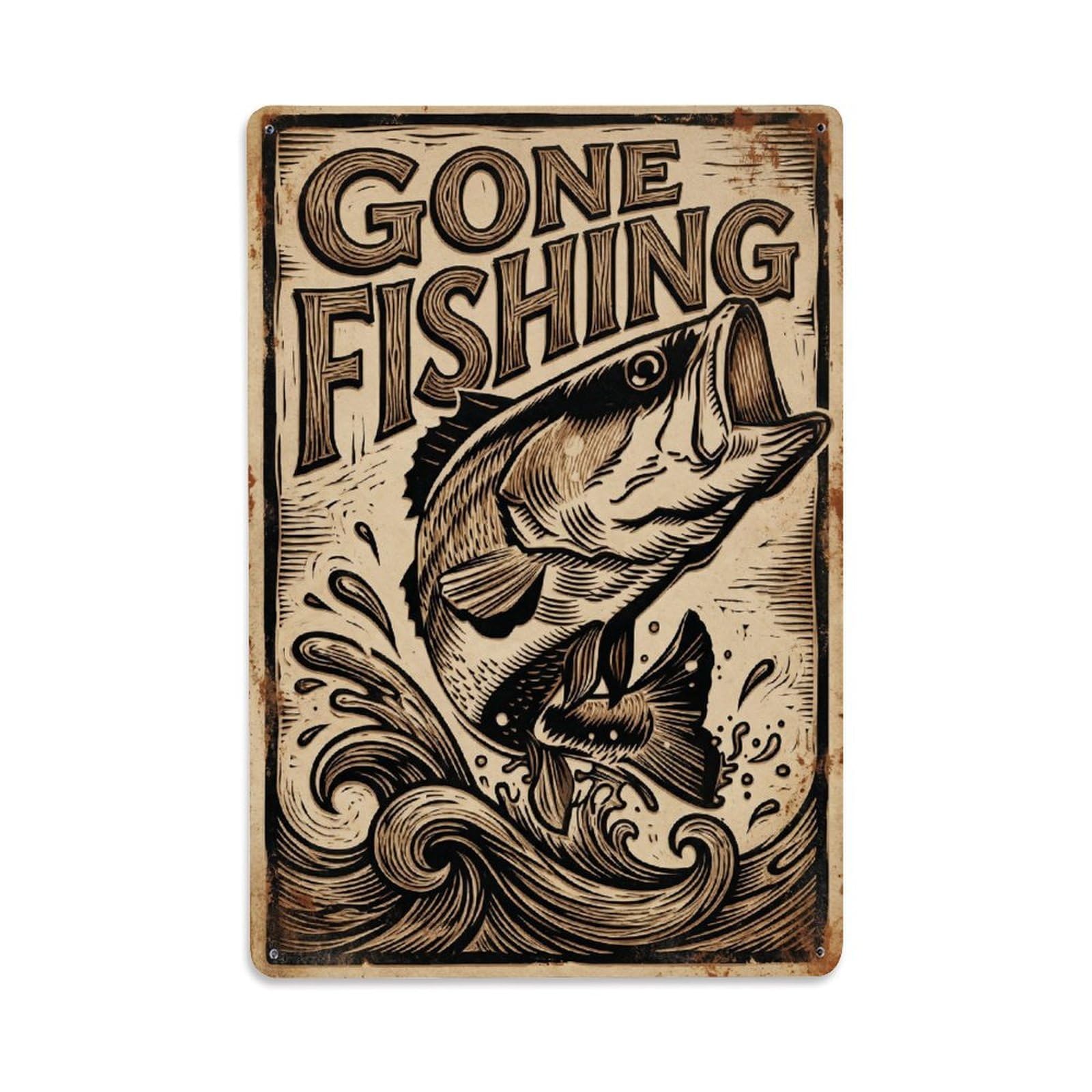 Gone Fishing Woodcut Vintage Vintage Metal Tin Sign Plaque Wall Decor for Cafe, Club, Garden Metal Poster 8x12Inch