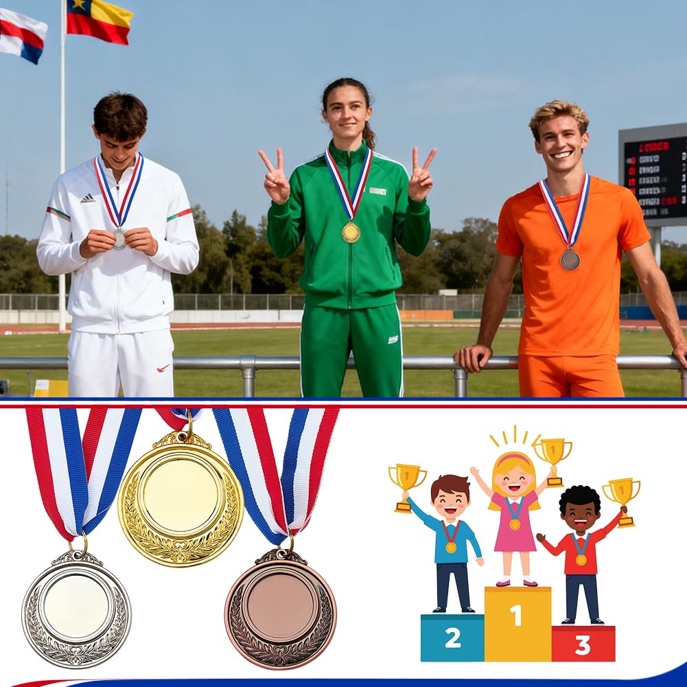 FINGERINSPIRE 48Pz Medaglie Premio Vuote con Nastri per Il Collo, 74cm di Lunghezza in Oro/Argento/Bronzo Antico Crea Il Tuo Kit di Medaglie Medaglia da Tifo Premio per Competizioni di Giochi Sportivi