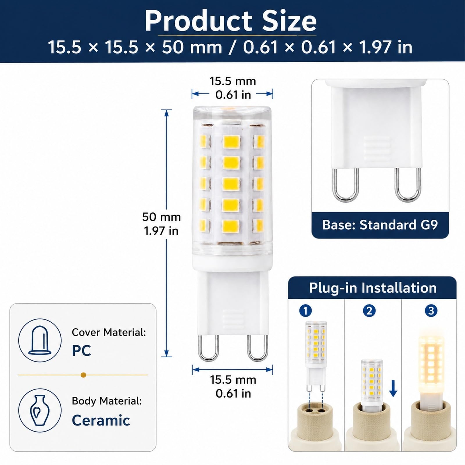 Bombilla LED G9 Bayoneta Tipo Maíz, 3000K/4000K, 3W Reemplaza 30W Halógeno, Ahorro Energía, CRI≥80, Sin Parpadeo, Para Arañas Cristal, Apliques(Natural white 4000K,9 Pack)