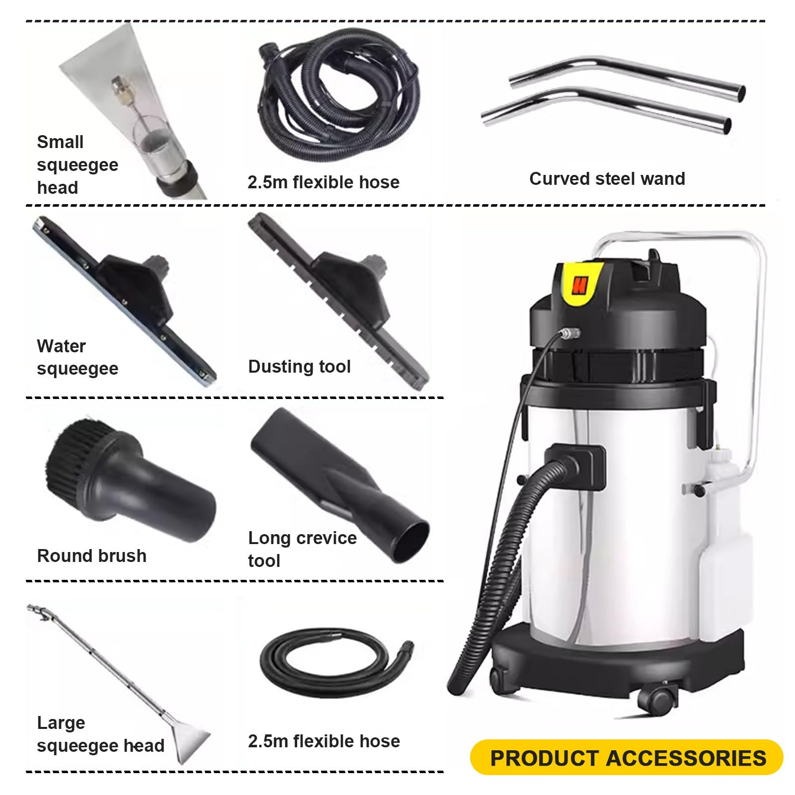 Aspiradora de Agua Tapicería y Alfombras | Potente Inyección 80L | Sistema de doble tanque de alta capacidad, cabezal de aspiración largo y plano (para polvo y líquidos) y cepillo redondo