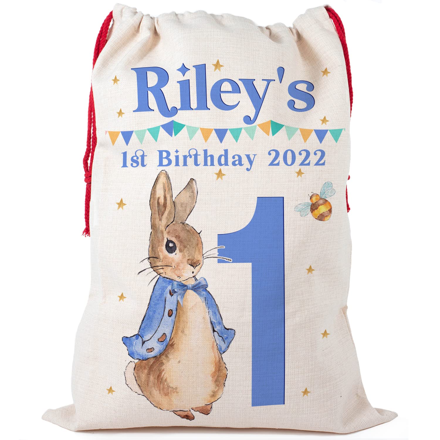 KRAFTYGIFTS Personalised Boys 1st Birthday Present Sack Childrens Rabbit Party Bag Custom Name Initial Gift Bag Cute KBB05 (Large)