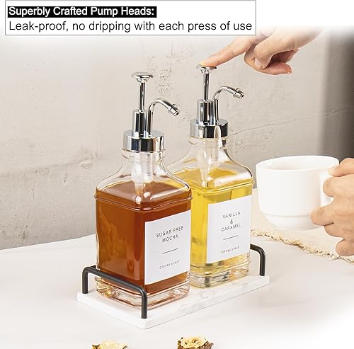 Miniatura 6 de BathAce Dispensador de jarabe de café con bandeja de mármol, botellas de jarabe de vidrio transparente con bomba, 2 dispensadores de jarabe de arce