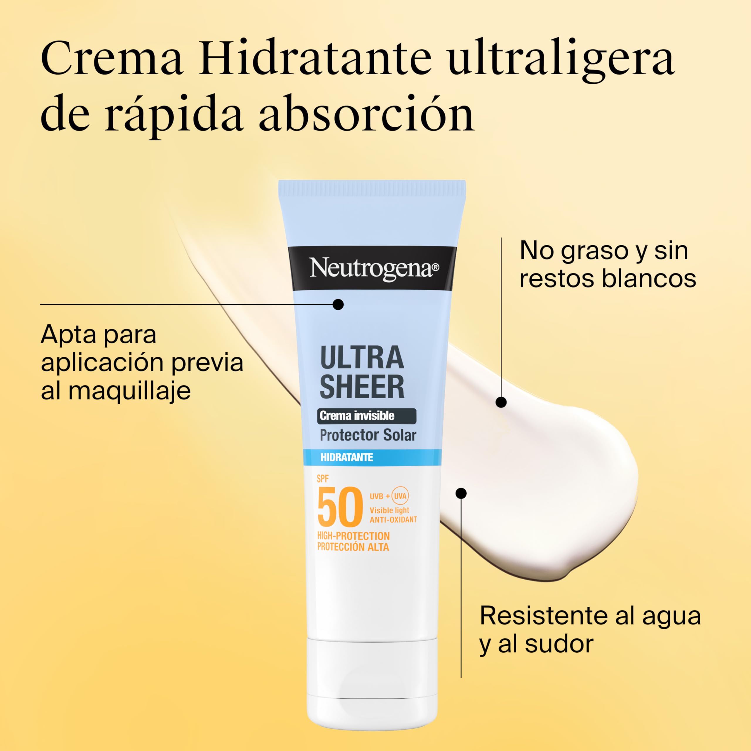 Neutrogena Ultra Sheer Solar Crema Invisible Hidratante SPF50 (50 ml), protector solar facial 50 de amplio espectro, crema hidratante facial hipoalergénica y no grasa, crema de sol resistente al agua
