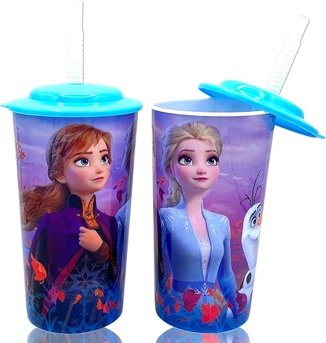Disney Frozen 2 vasos de bebida Elsa Anna con tapa, juego de popote reutilizable para niños y niñas, paquete de 2 – Seguro sin BPA por Zak design,