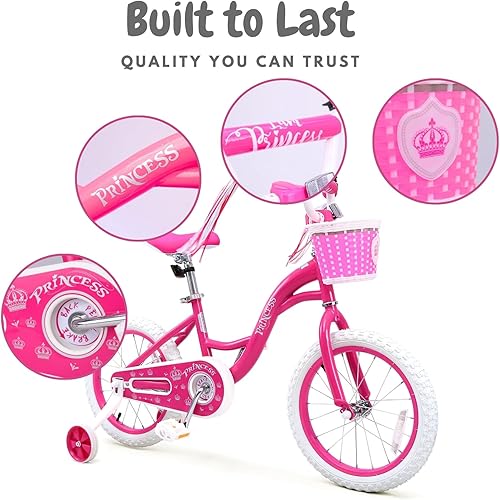 Miniatura 7 de Bicicleta para niñas de 2 a 3 años con ruedas de entrenamiento, canasta, serpentinas, bicicleta de pedal rosa, regalo de cumpleaños, 12, 14, 16
