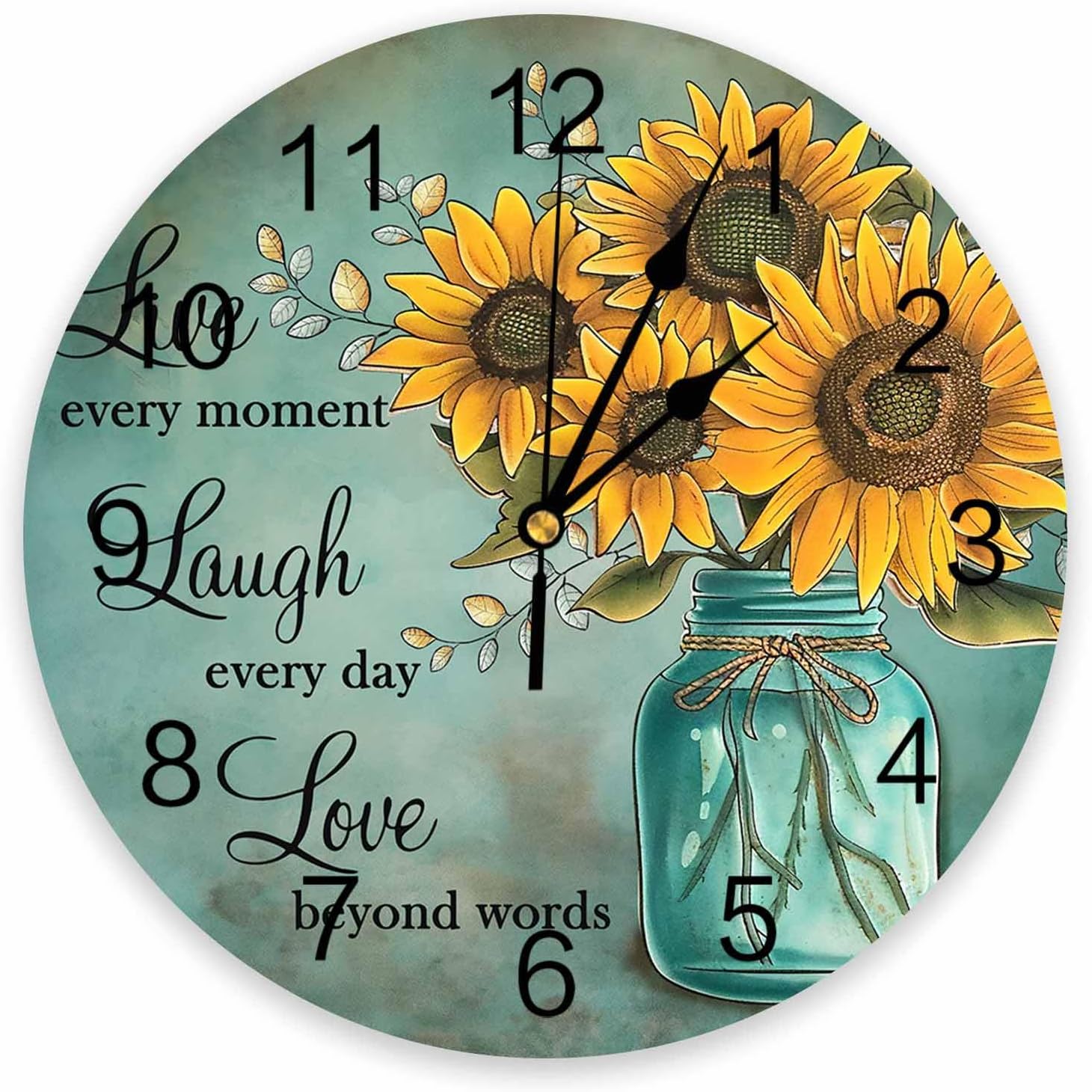 Artwork Store Non-Ticking Wall Clock for Kitchen/Living Room/Bedroom/Office/School/Bathroom Decor, Yellow Sunflower Mason Jar Bottle Teal Vintage Silent Clock Battery Operate Wall Clock 10 Inch