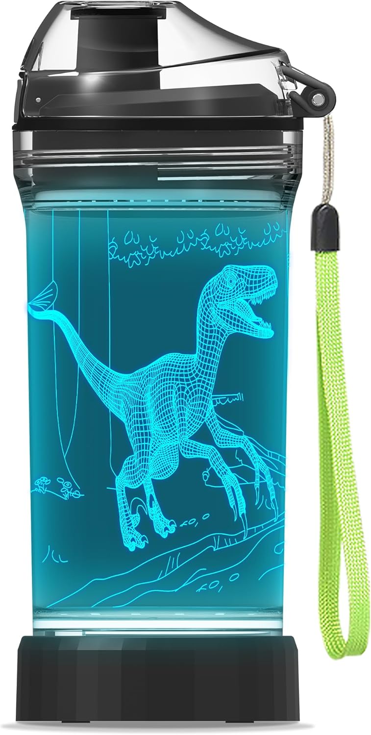 YuanDian Light Up Dinosaur Water Bottle with Color Changing Night Light- 14 OZ Tritan BPA Free Eco-Friendly – Cute Velociraptor Kids Drinking Cups Gift for School Boy Girl Child Christmas Holiday