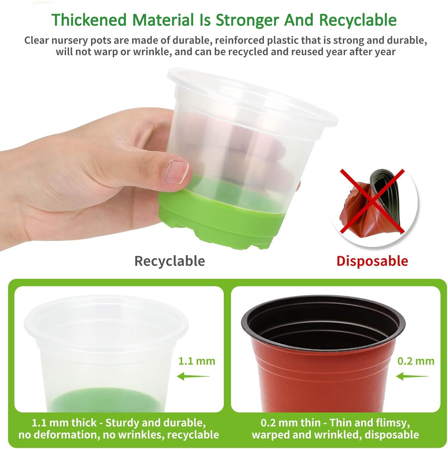 Vasi da coltivazione, 24 pezzi, 10 cm, trasparenti con base in silicone, Vasi per piante in plastica riutilizzabili, Vasi per piante trasparenti per piante grasse, Piantine per piante, Verde