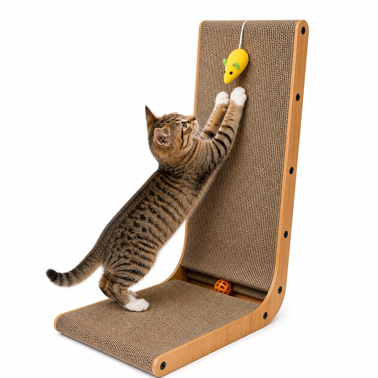 Rascador para Gatos en Forma de L Mokato - Cartón Ondulado Reversible, Base Antideslizante, con Ratón y Matatabi (Silvervine) Natural, 3 Tamaños S/M/L - (L (68 x 42 cm))