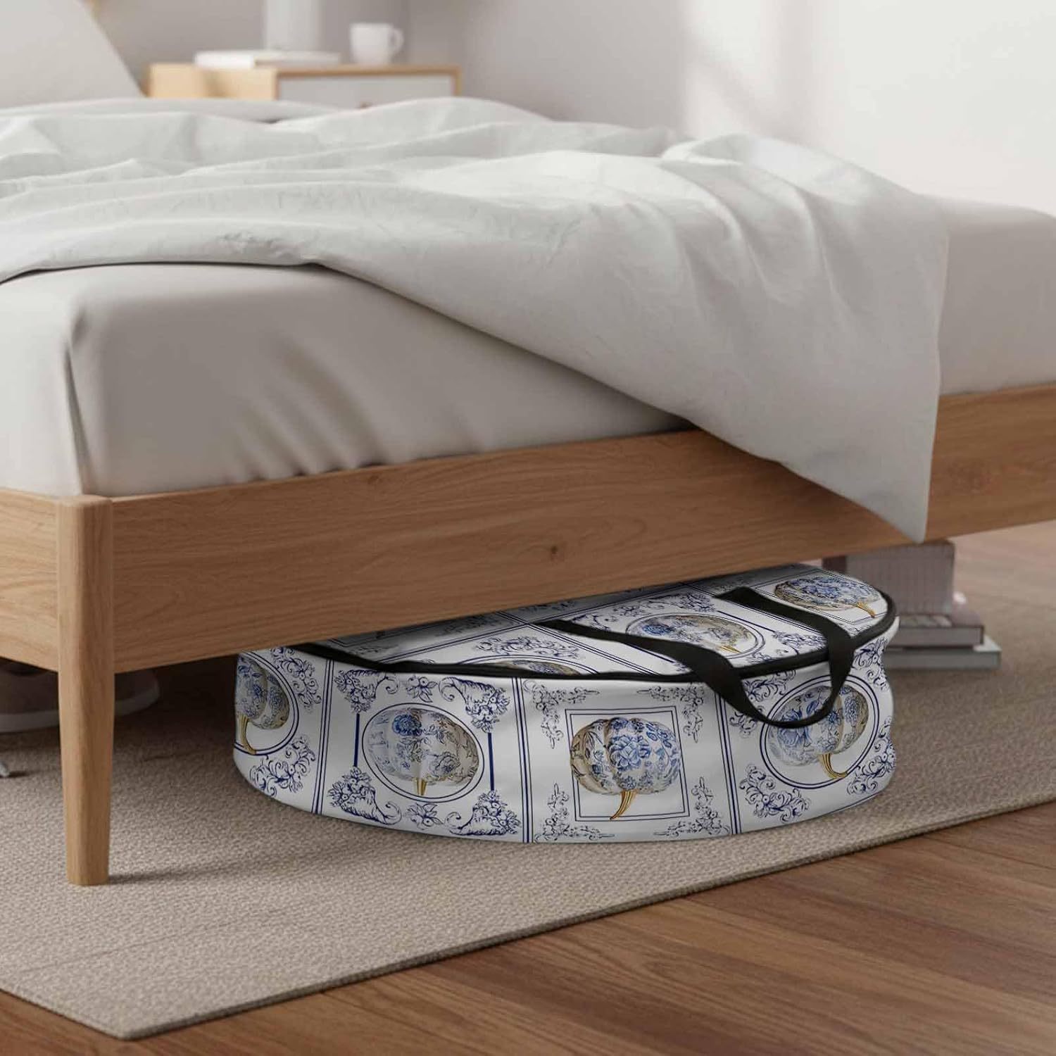 Fall Thanksgiving Round Storage Bag 36 Inch, Pumpkin Blue and White Porcelain Floral Plaid Clothes Storage Container with Handles Heavy Duty Organizer for Comforter, Bedding & Holiday Wreaths