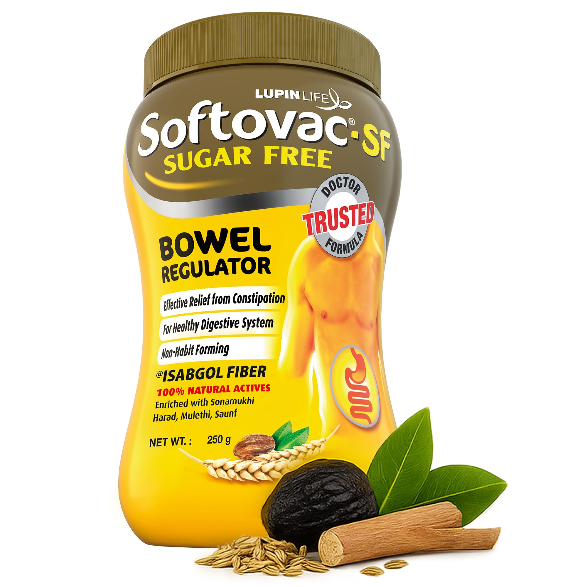 Softovac-SF(Sugarfree) Bowel Regulator 250g - 100% Natural Actives: High Fiber Formula enriched with Sonamukhi, Harad, Mulethi, Saunf etc.