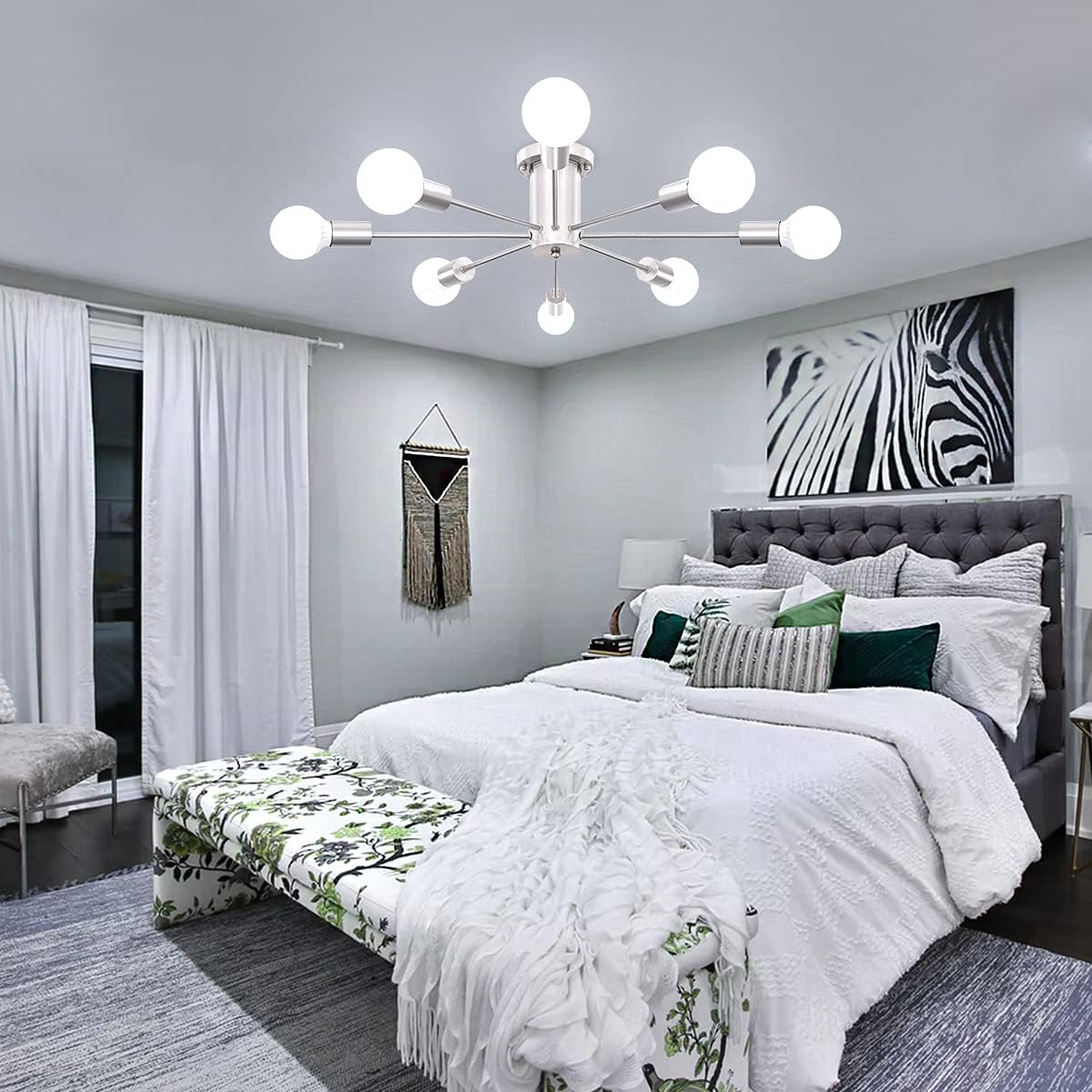 Nickel 8-Light Geometric Sputnik Semi Flush Mount Chandelier