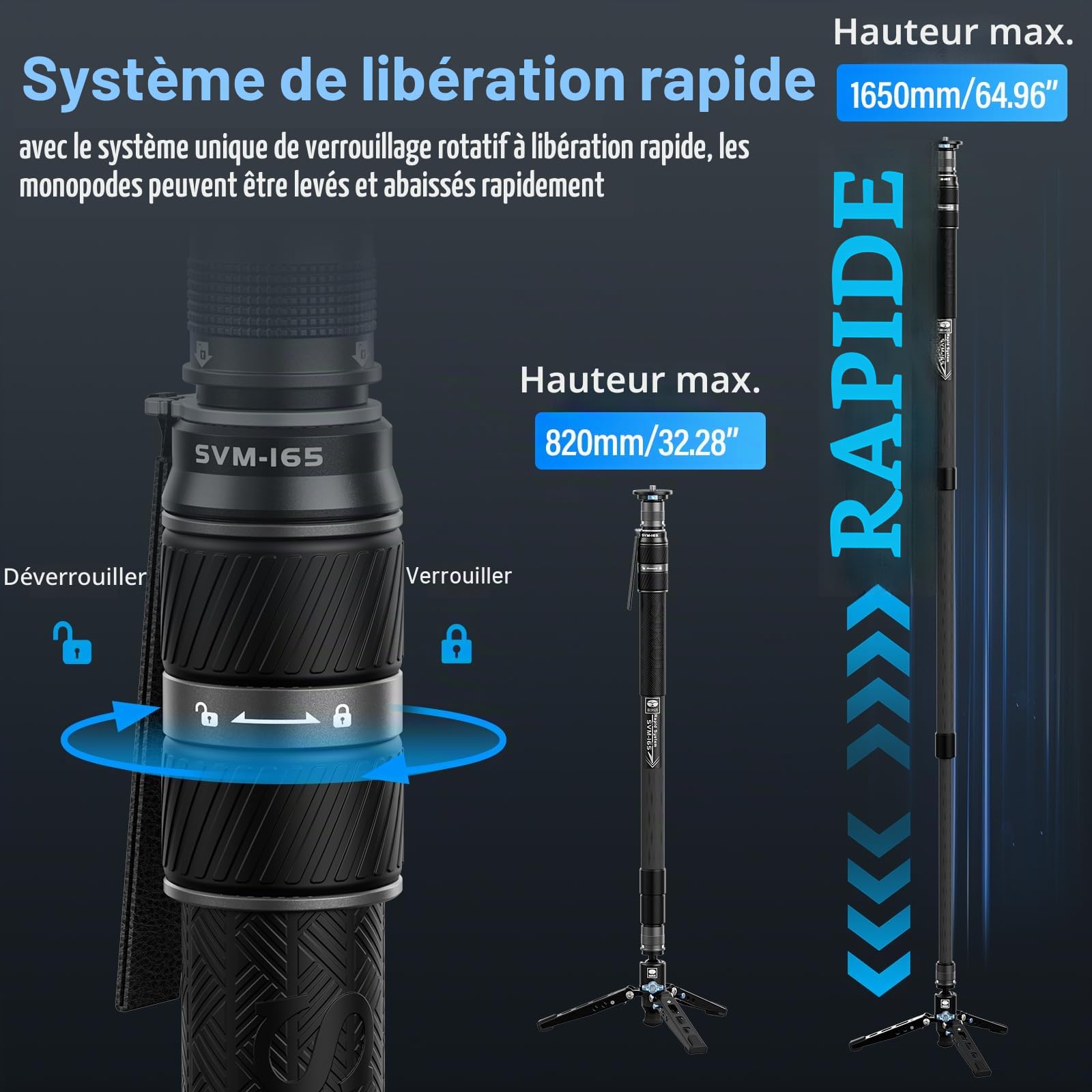 SIRUI 3 en 1 Monopode Carbone Professionnel, 165cm Monopode pour Appareils Photo avec Pieds, Réglage Rapide de la Hauteur en Une Seule étape, Charge Maximale 10kg, SVM-165