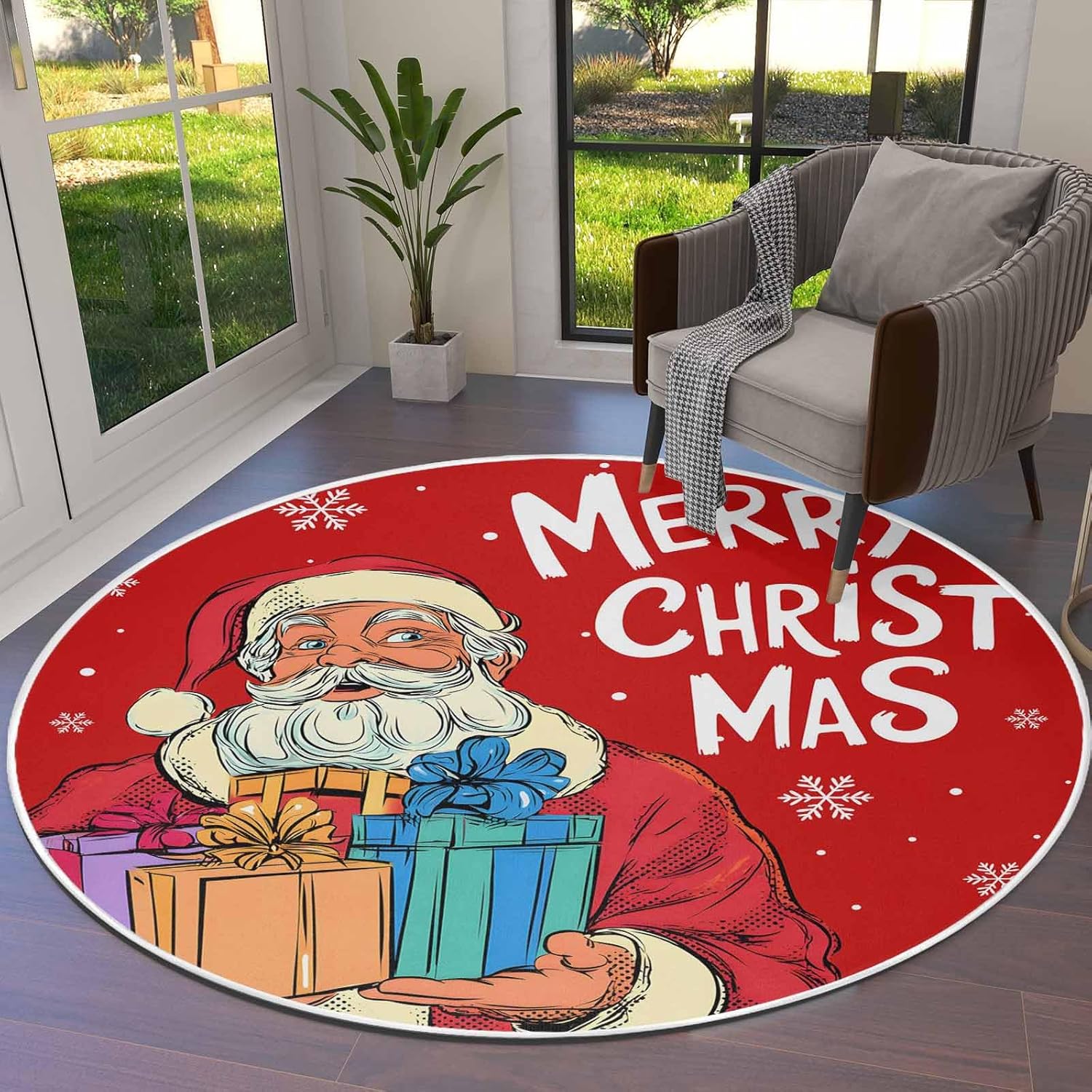 Christmas Gnomes Round Area Rug 5ft,Washable Outdoor Indoor Carpet Runner Rug for Bedroom,Kitchen,Bathroom,Living/Dining/Laundry Room,Office,Area+Rug Large Bath Door Mat Green Forest Pine Leaves Cone