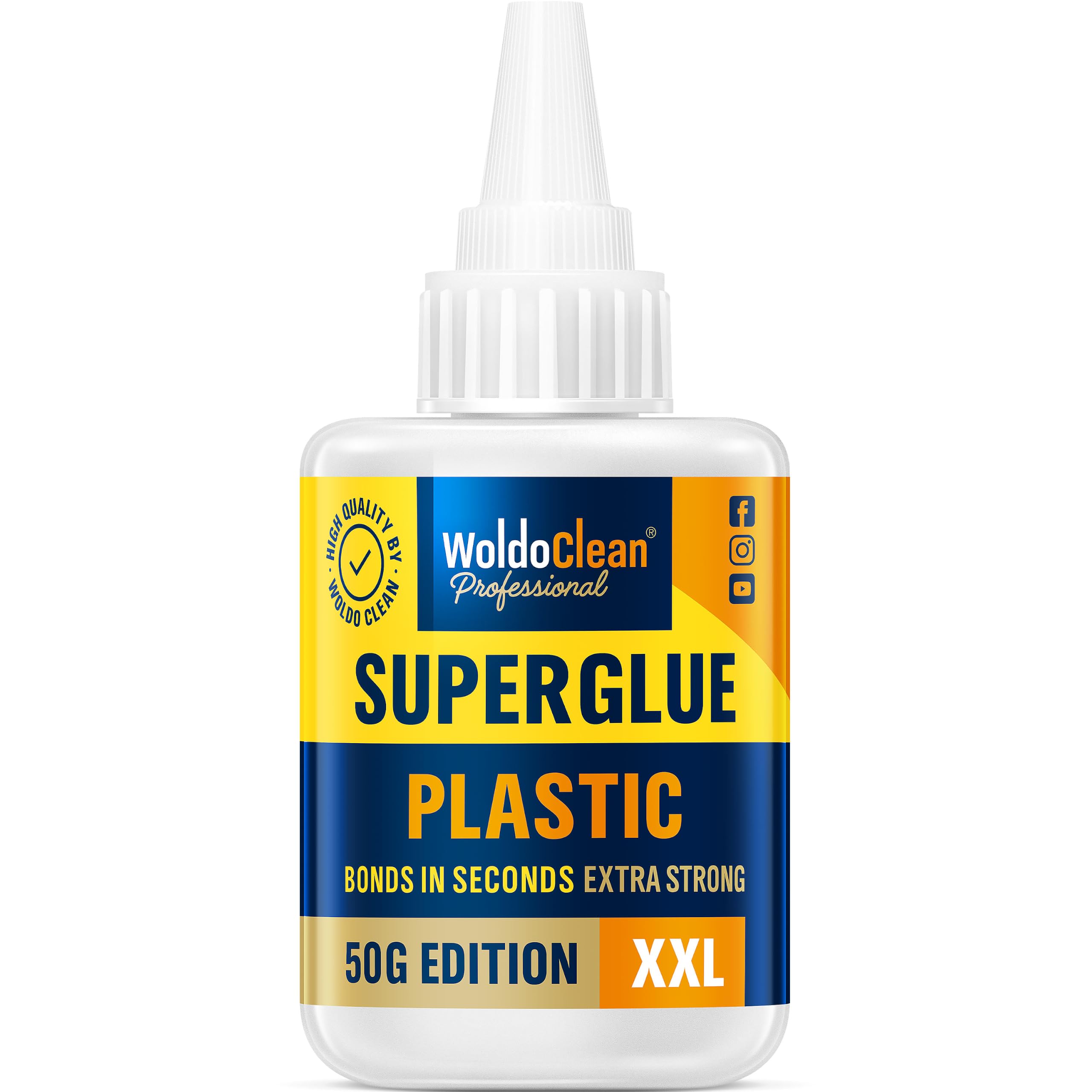 WoldoClean Pegamento para Plástico 50g - Adhesivo Especial Extra Fuerte para PVC, ABS, Goma & Plexiglás, Impermeable, Resistente Calor & Tapa con Aguja