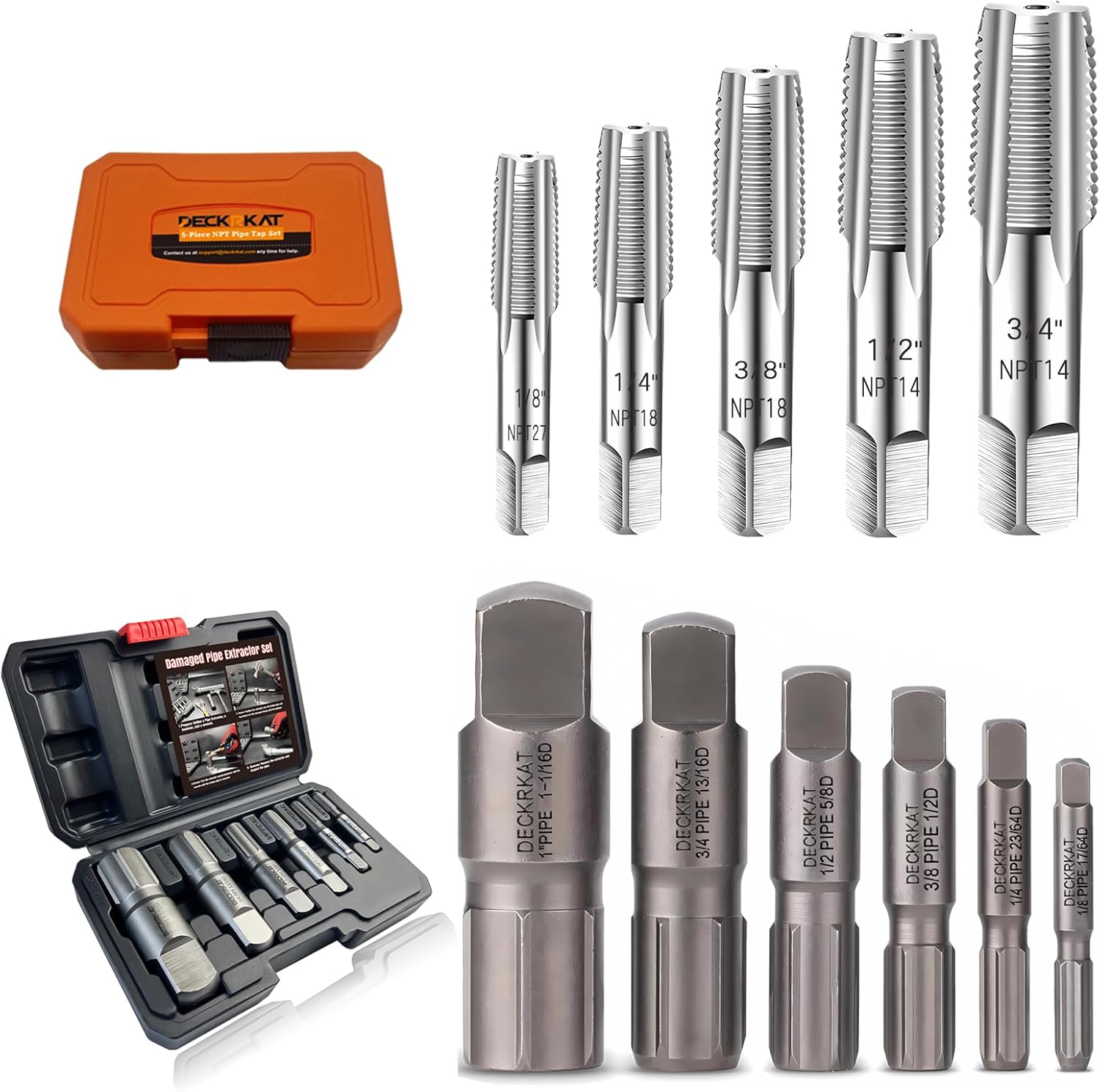 5-Piece NPT Pipe Tap Set, Precision Carbon Steel NPT Tap Set for Clean Accurate Threads and Heavy-Duty Pipe Extractor Set – 6-Piece Broken Pipe Removal Tool Kit for 1/8" to 1"National Standard Pipes