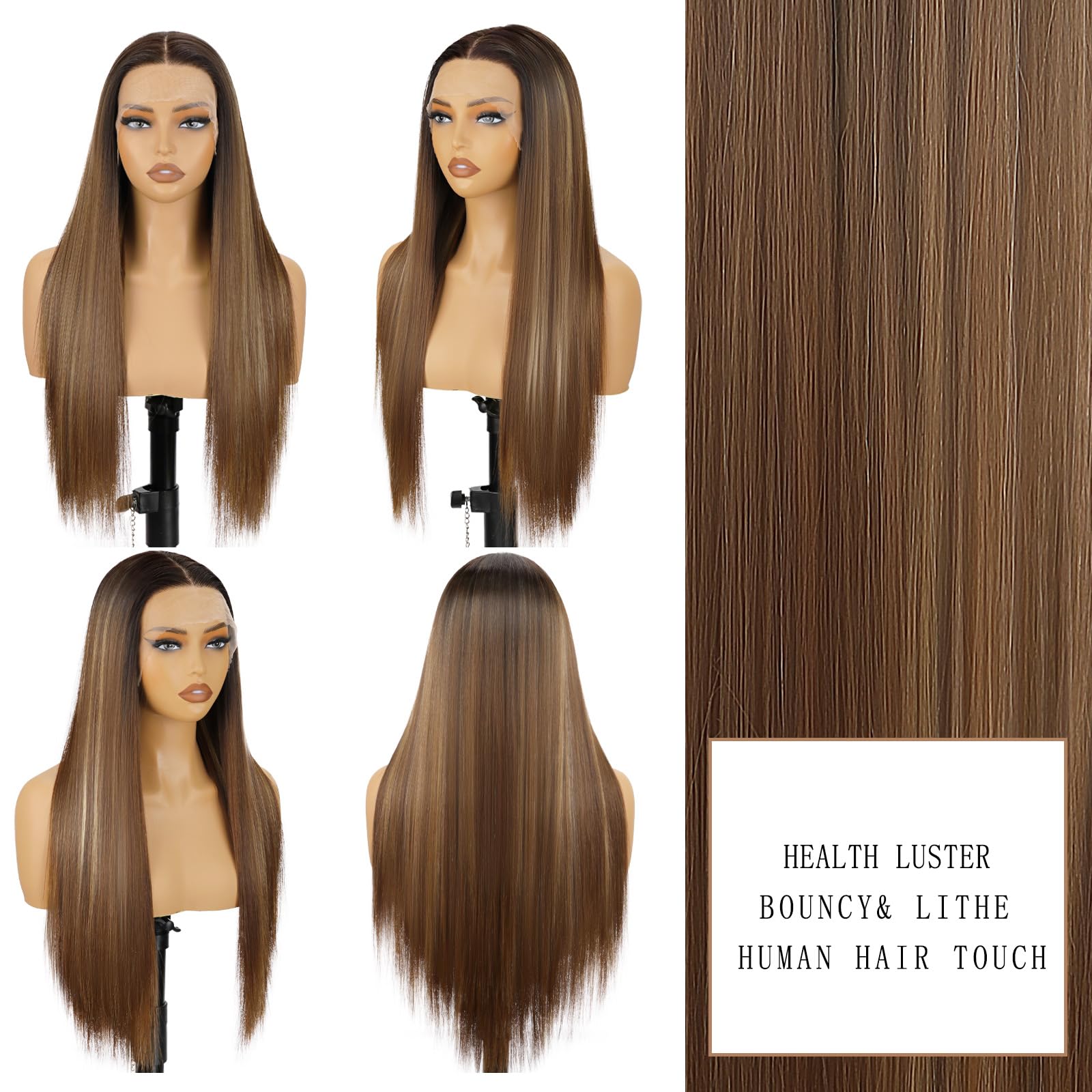 SUKRI 26inch 13X4X1 Highlight Blonde Lace Front Wigs Long Straight Brown Mixed Blonde Synthetic Lace Wigs for Women Daily Party Use